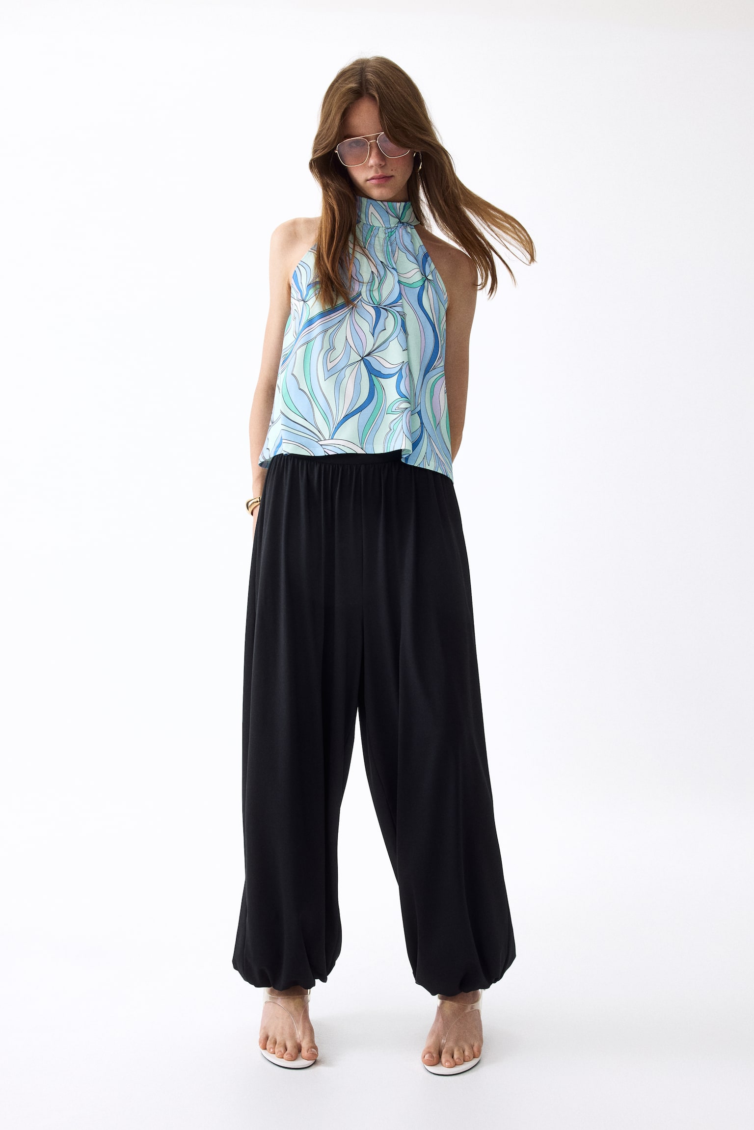 Printed Tie-Detail Top-Light turquoise/blue - 3