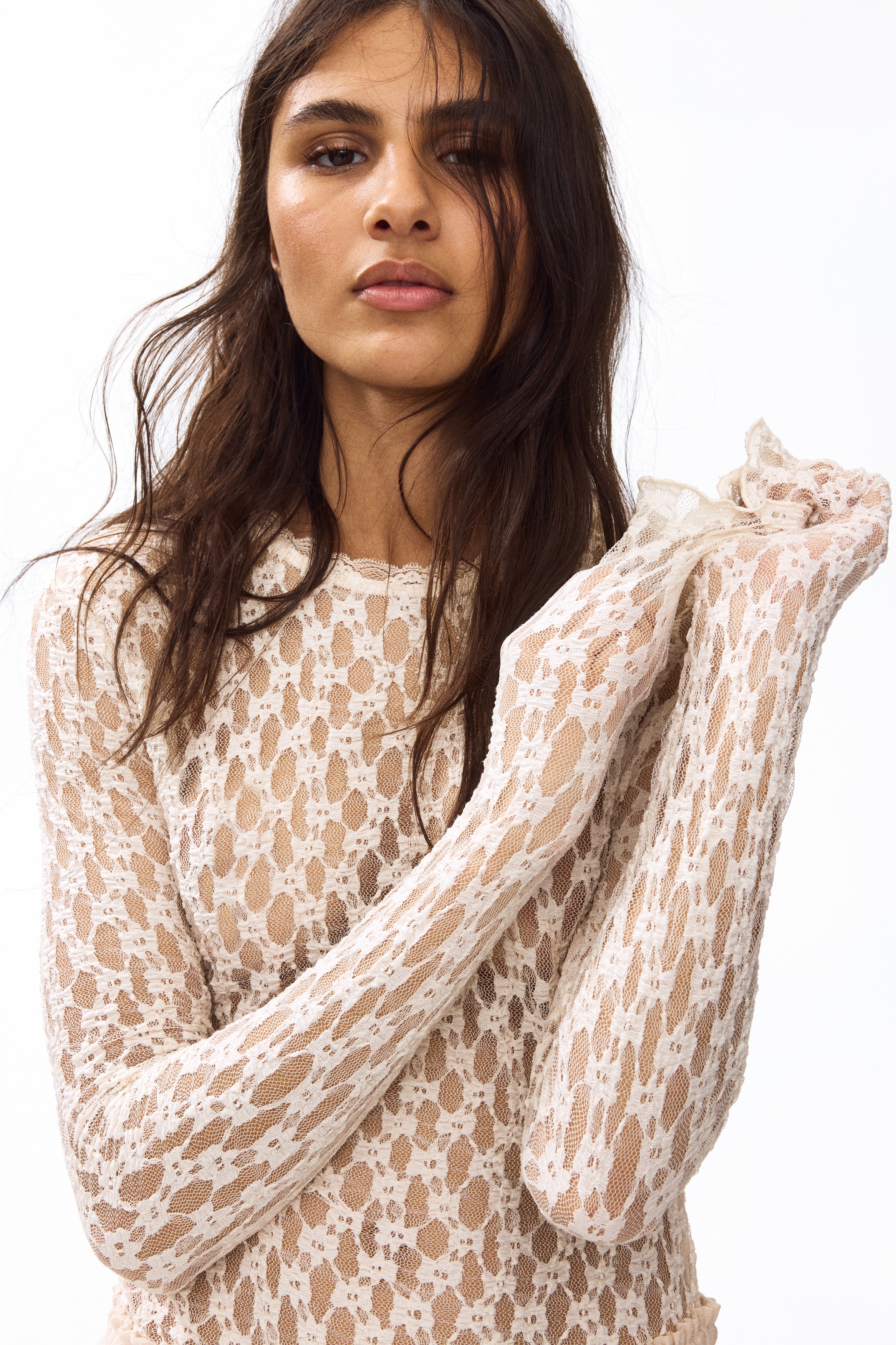 Tangabody im Spitzenlook - Puderrosa/Dunkelbraun