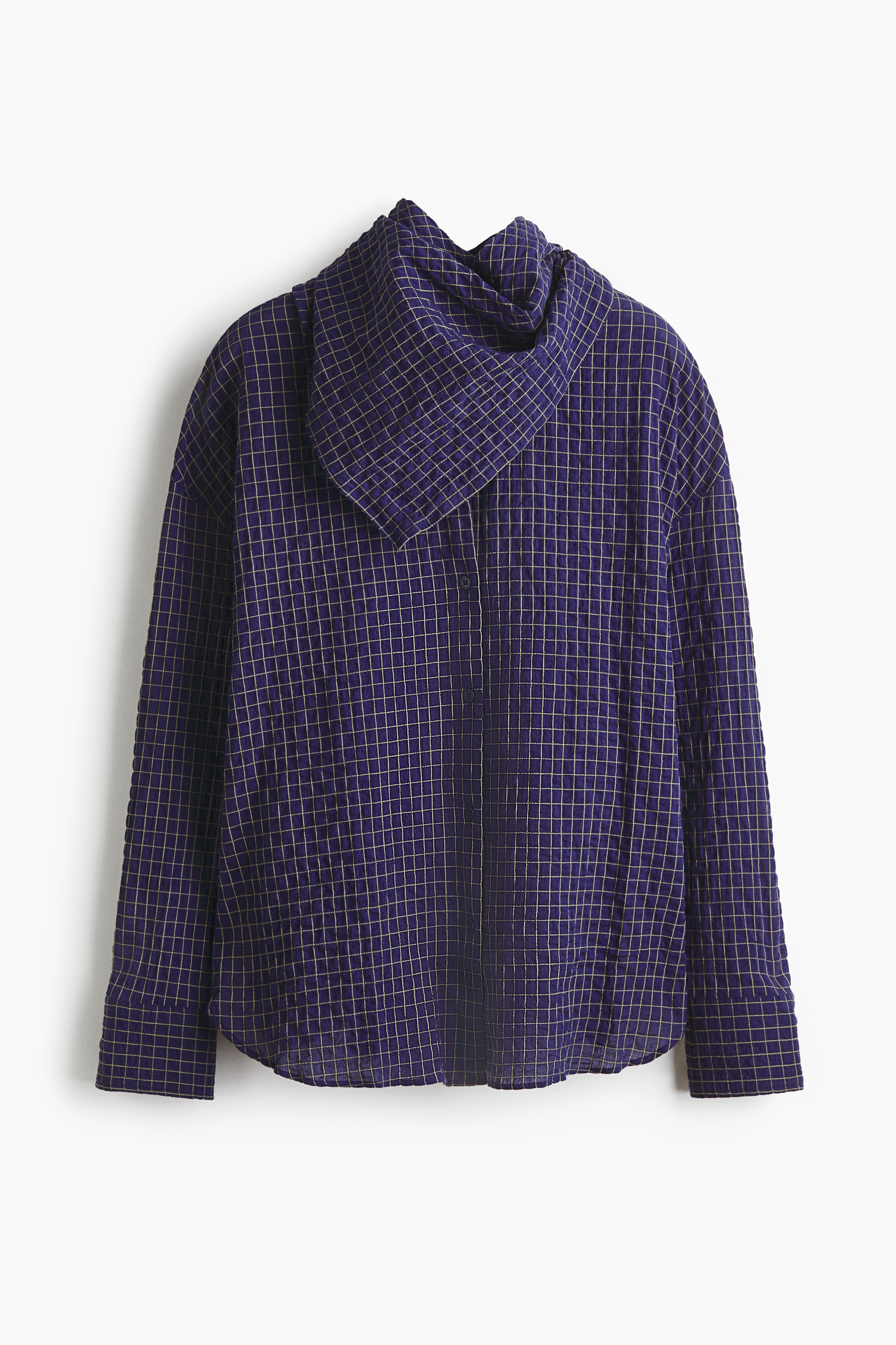 配領巾泡泡紗襯衫 - 深藍色/格紋/咖啡色