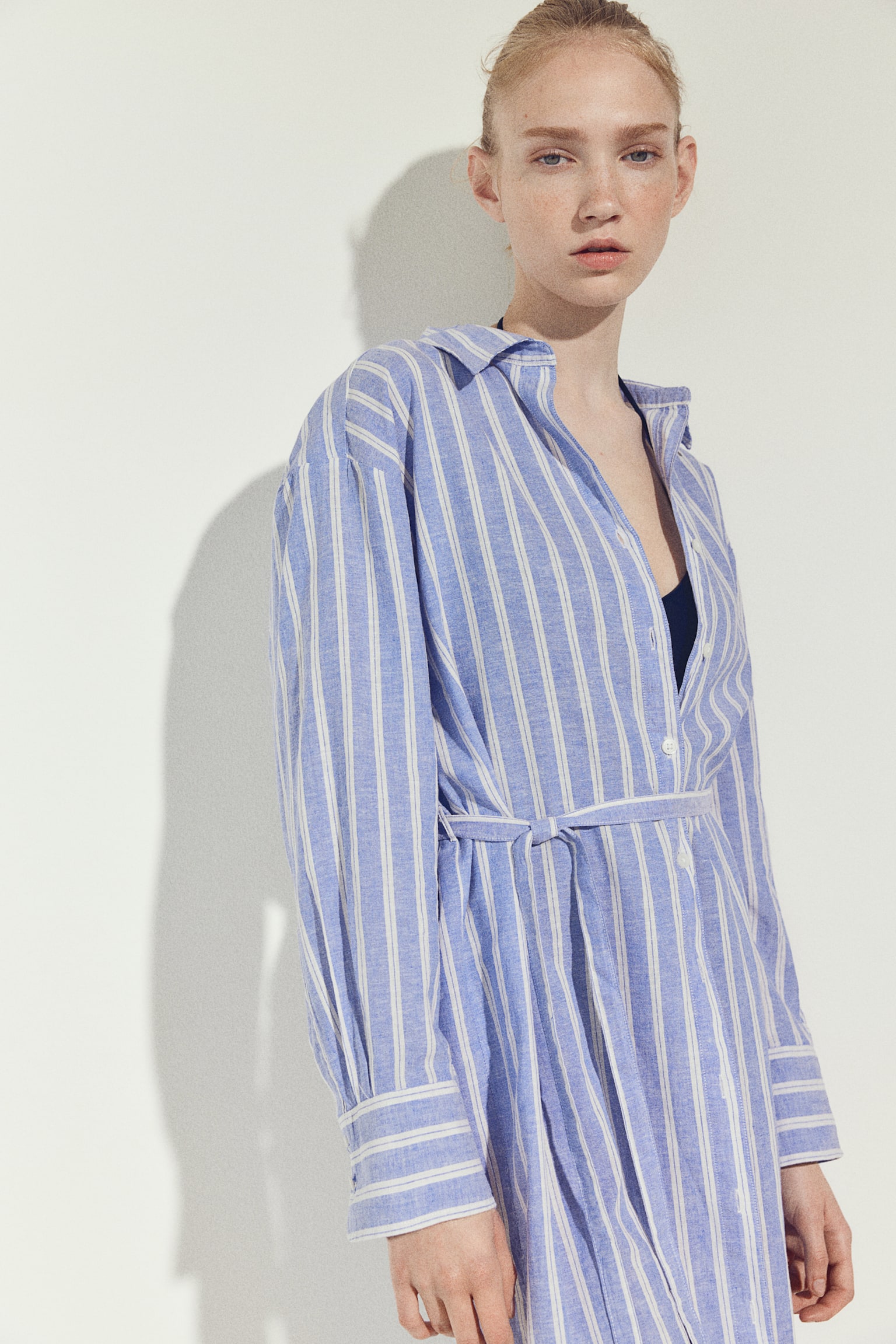 Linen Blend Shirt Dress - Blue/Stripe/Blue - 6