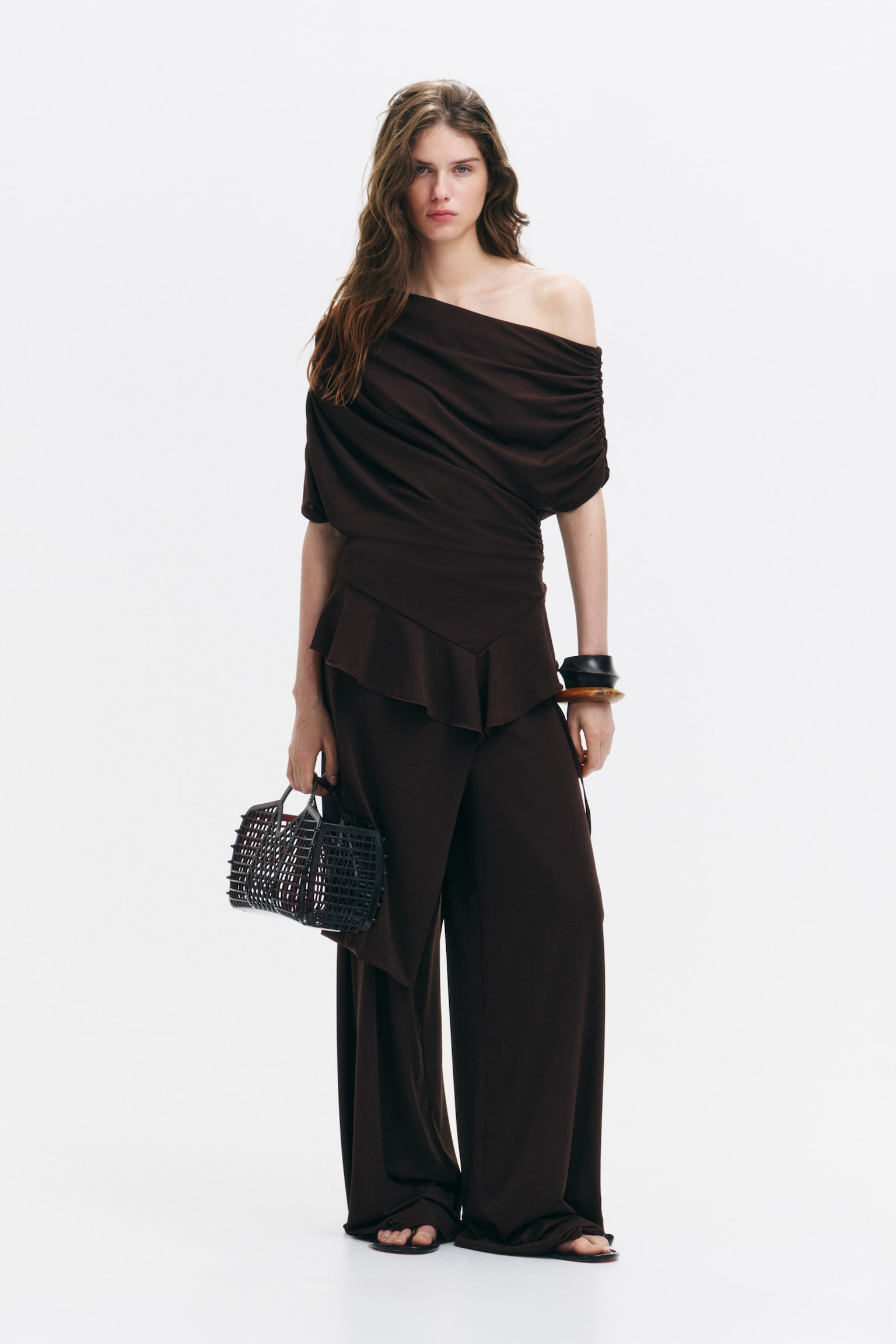 Draped one-shoulder top - Dark brown - 1