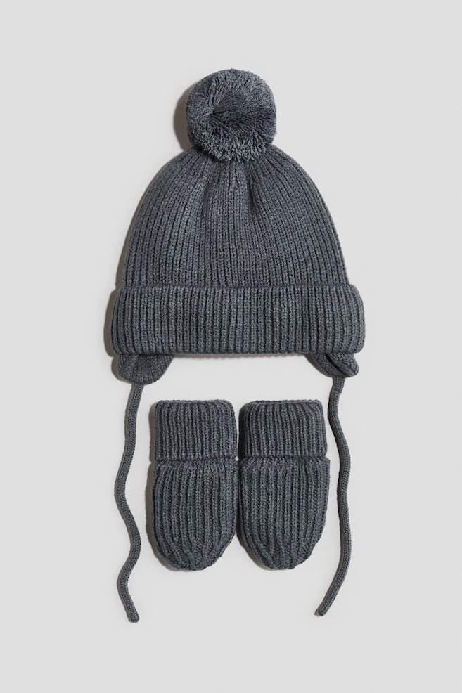 2-piece Beanie and Mittens Set - Gray/Light beige - 1