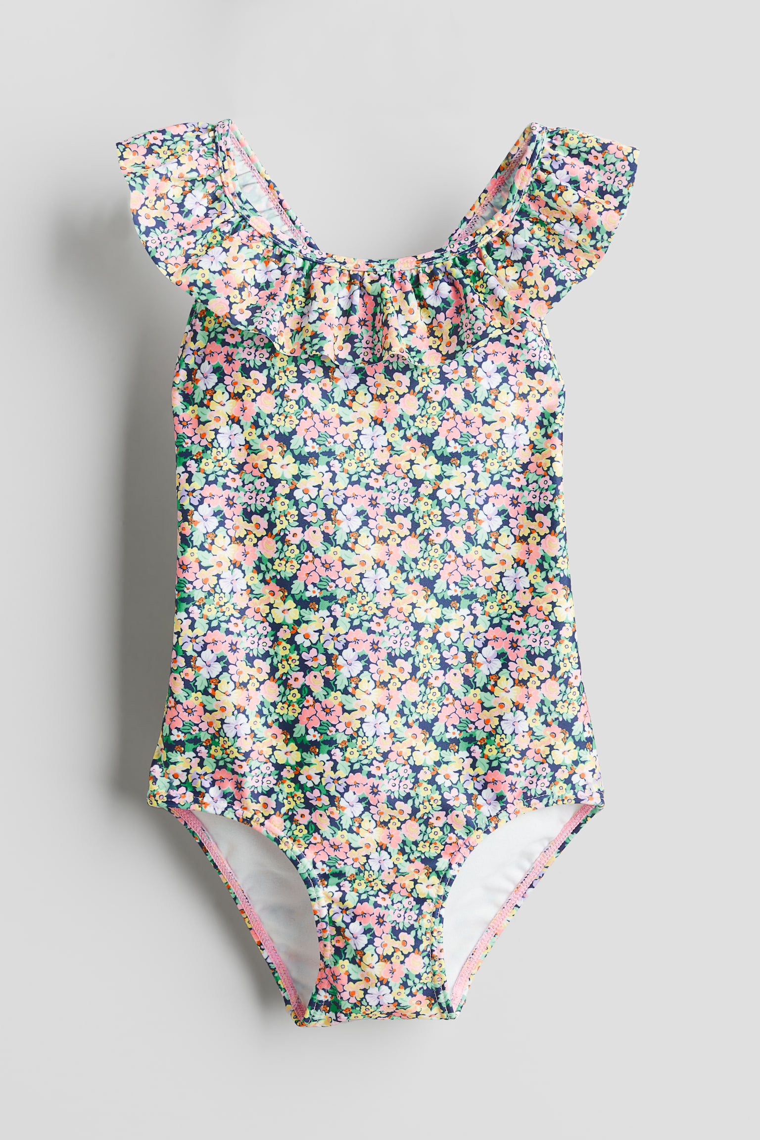 Flounce Trim Swimsuit - Dark blue/Floral/Brown/Stripe/Yellow/Light pink/Lemons/Mint green/Seahorses - 1