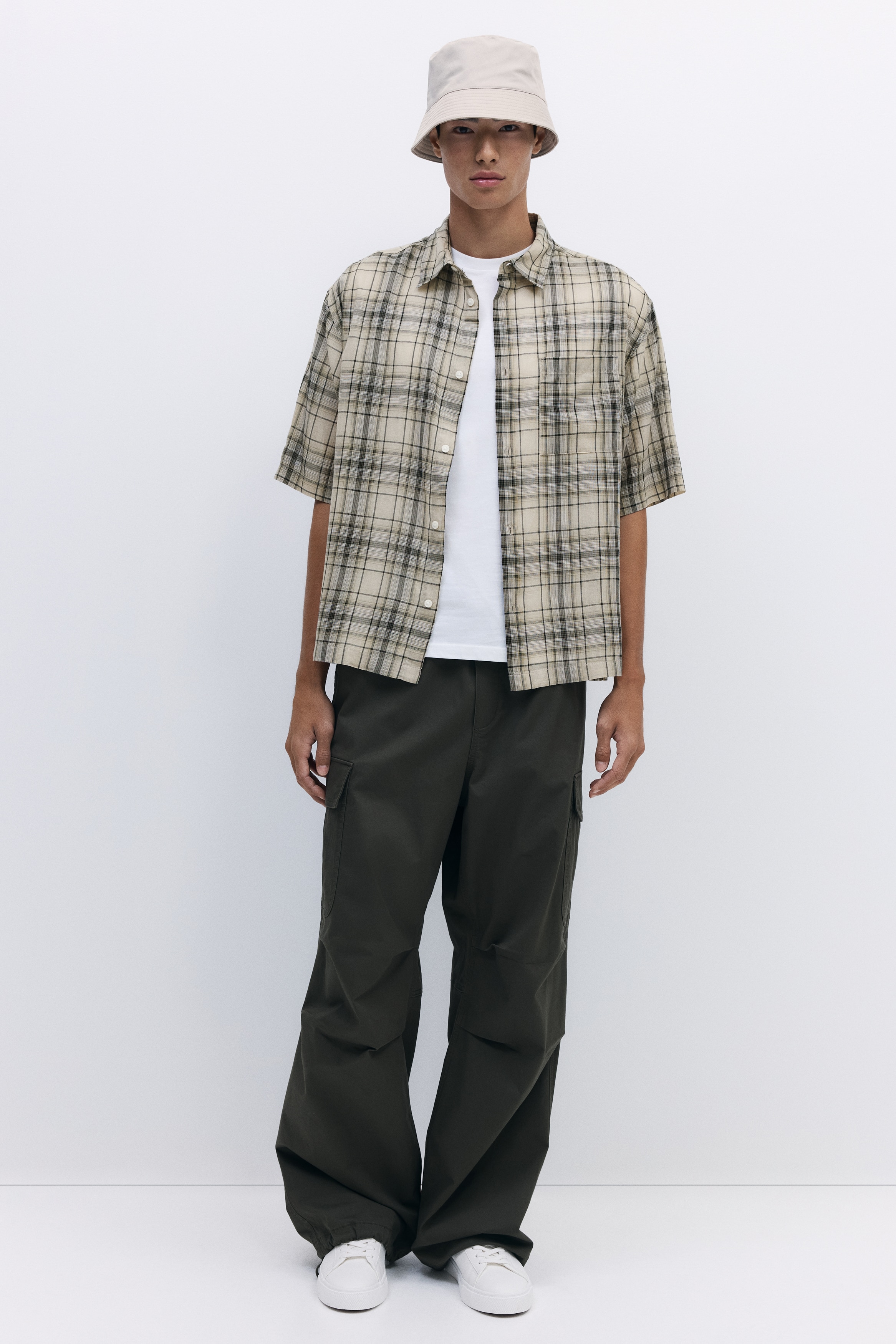 休閒剪裁短袖襯衫 - 米色/咖啡色格紋/咖啡色/格紋/米色/格紋