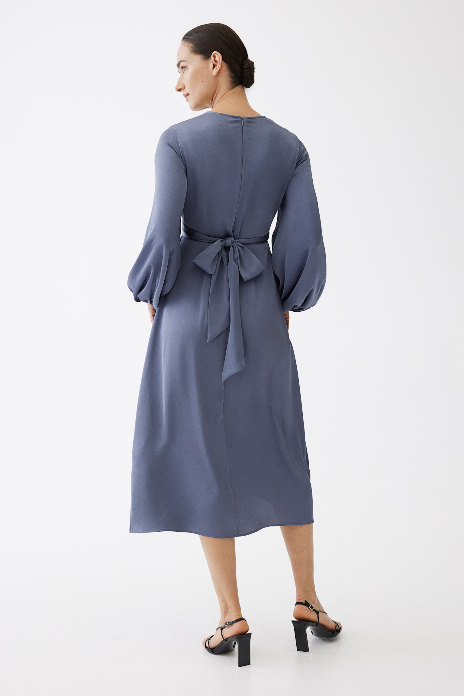 MAMA Balloon-sleeved satin dress - Pigeon blue/Black/Cream - 6