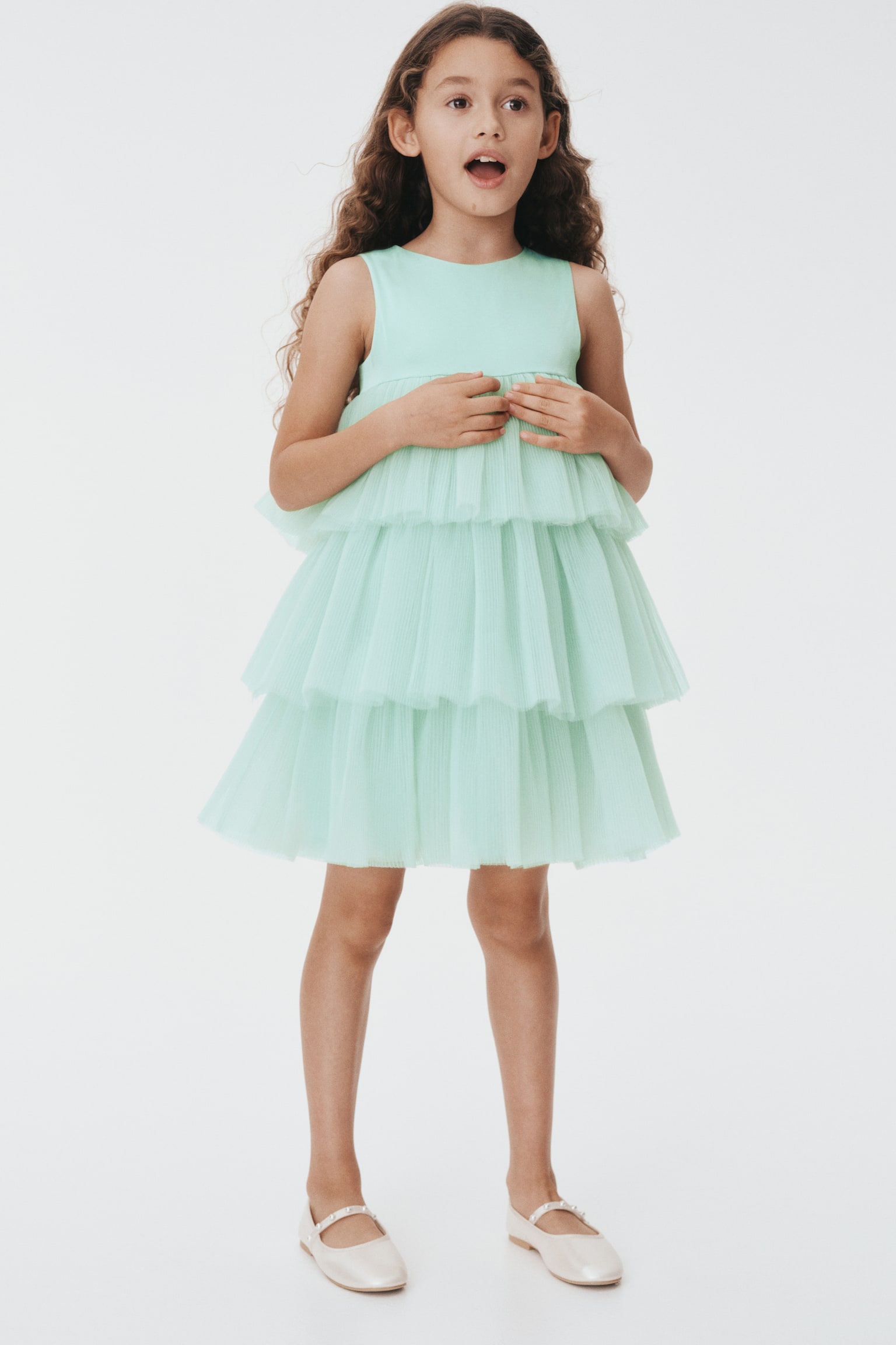 Tiered tulle-skirt dress - Mint green/Cream/Floral/Dark pink - 4