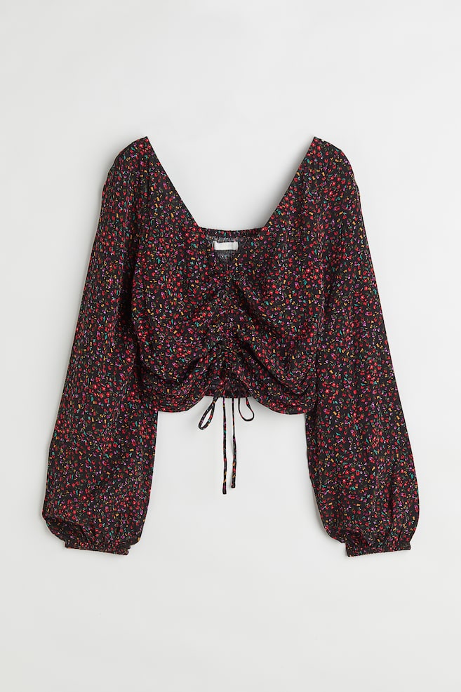 Drawstring-front crêpe blouse - Black/Small flowers/Red/Floral - 1