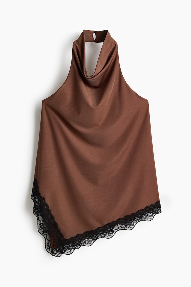 Lace-Trimmed Halterneck Top - Brown - 1