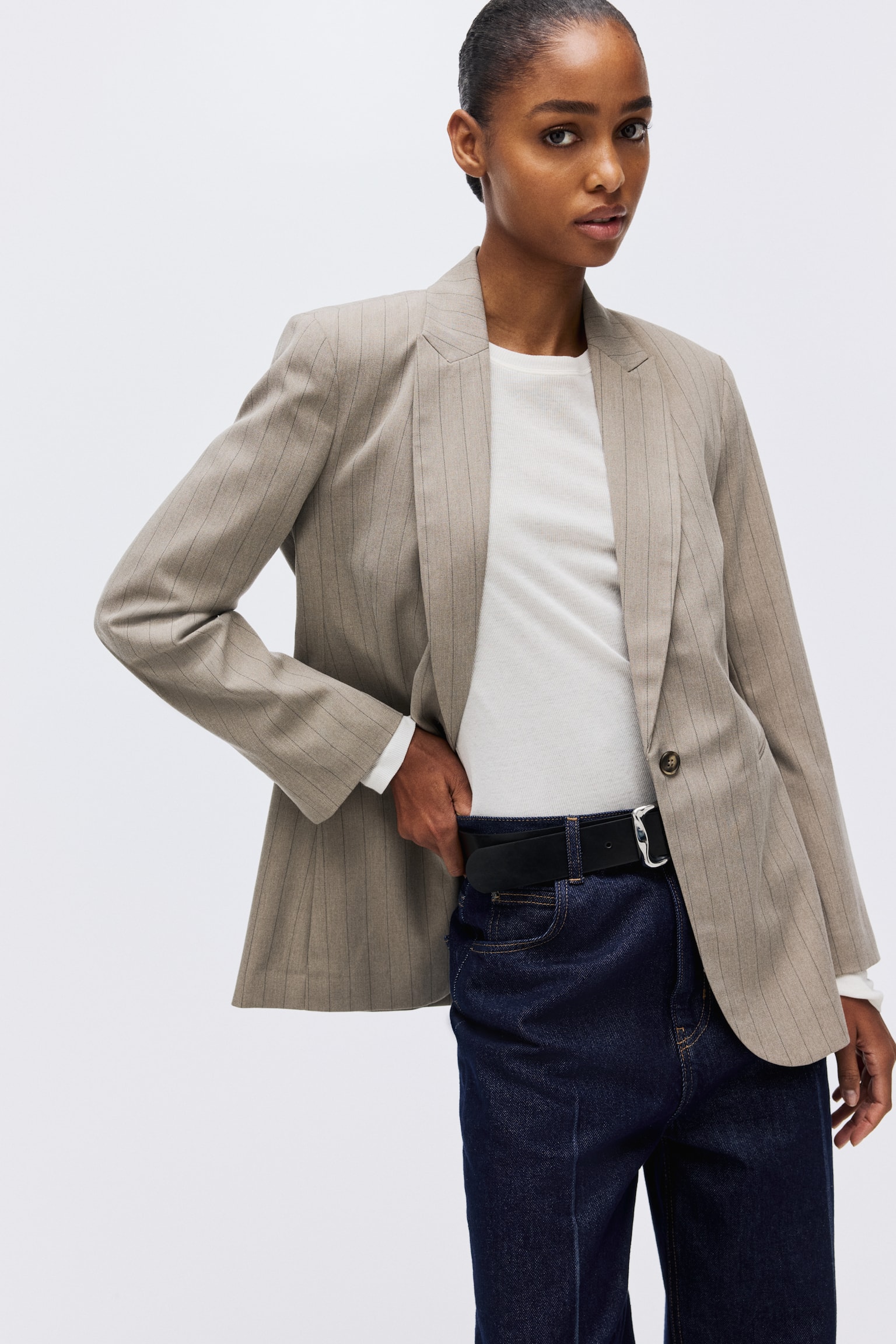 Single-breasted blazer - Beige/Pinstriped/Pink/Black - 4