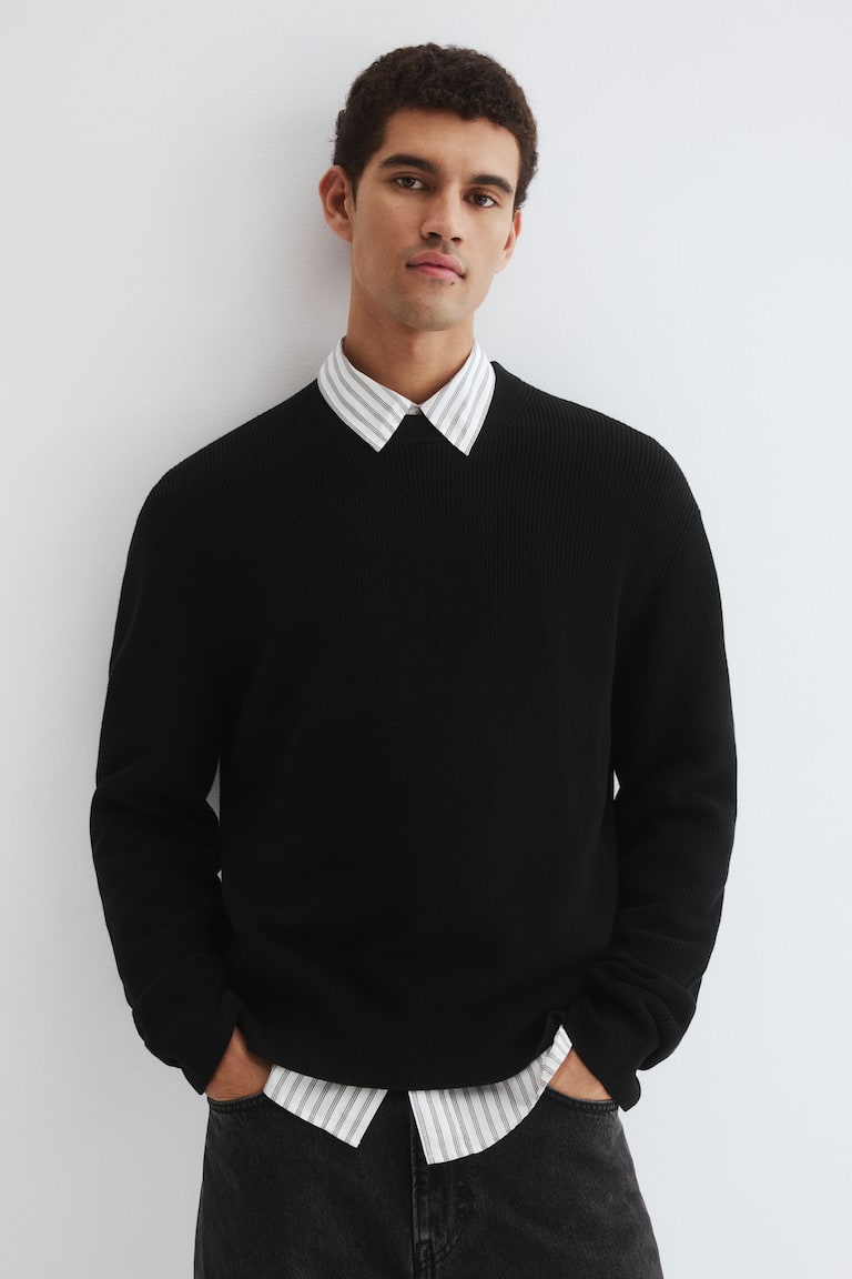 black dress sweater men Pullover Long Sleeve Fleece Black Sweater