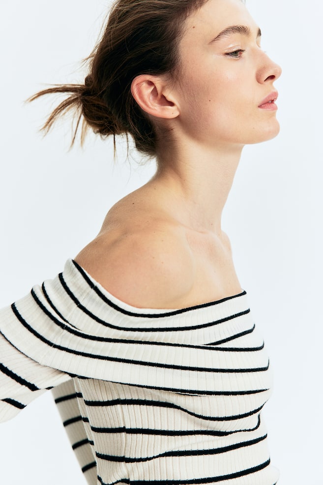 Rib-knit off-the-shoulder top - Cream/Black striped/Black/Cream - 1