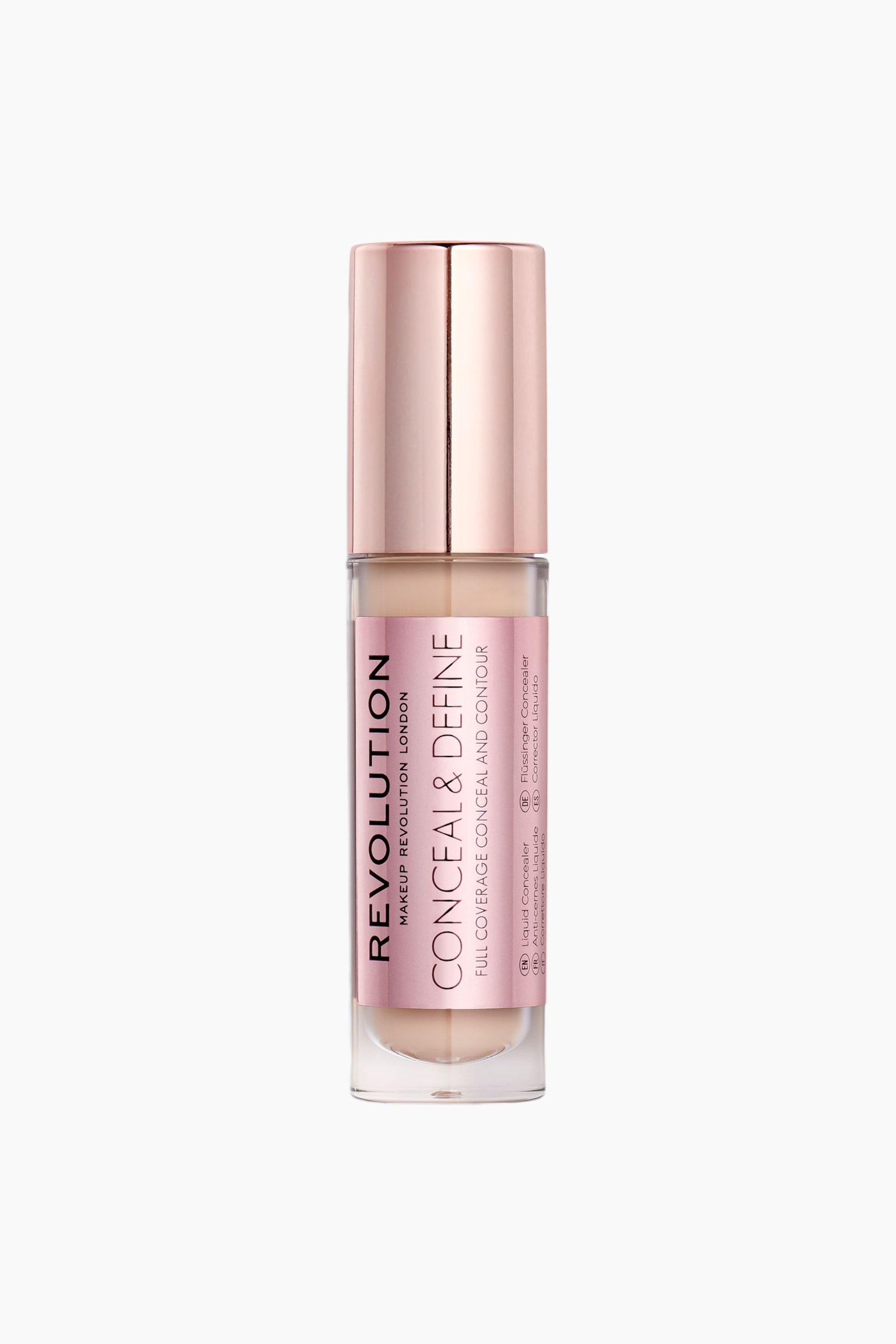 En flaska flytande concealer stÃ¥r upprÃ¤tt och har en genomskinlig cylindrisk behÃ¥llare som visar en ljus beige nyans inuti, med ett metalliskt rosÃ©guldfÃ¤rgat lock pÃ¥ toppen. En matchande metallisk rosÃ©guldfÃ¤rgad etikett sveper runt flaskans mitt och visar varumÃ¤rket och produktnamnet "REVOLUTION CONCEAL & DEFINE" i lodrÃ¤t svart text.
