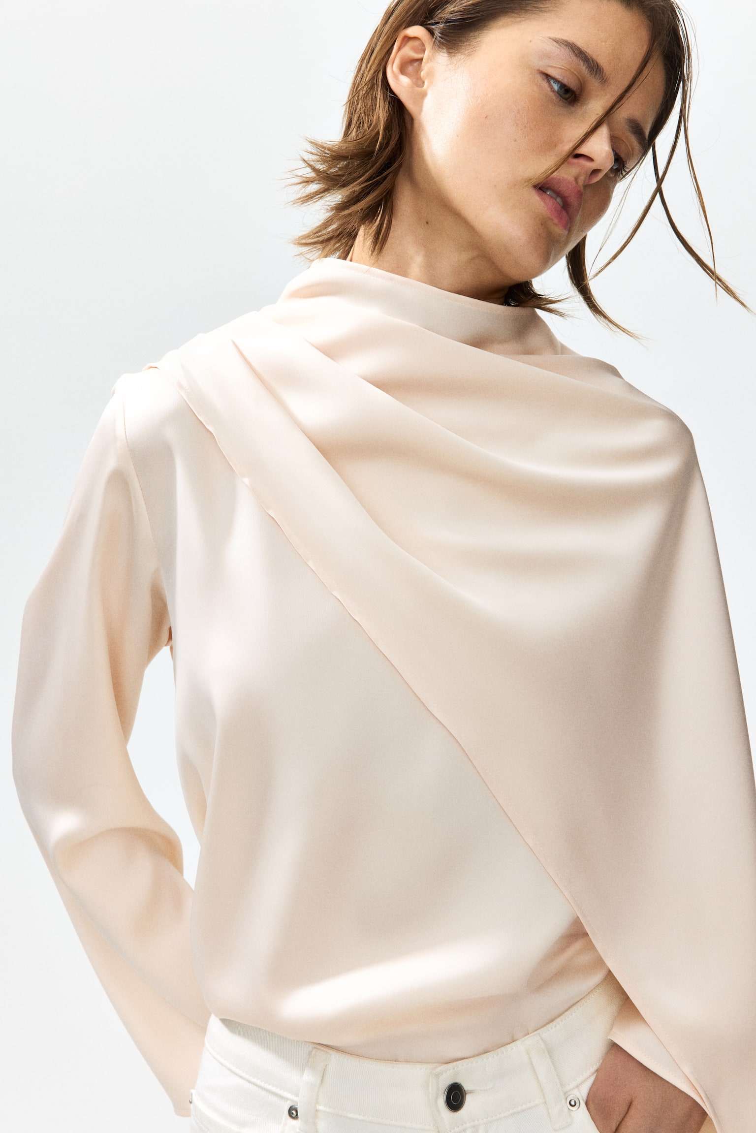 Shawl-detail satin blouse - 5
