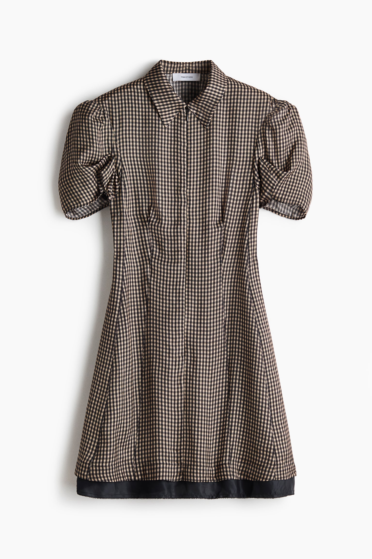 Puff-Sleeved Dress - Black/gingham - 1