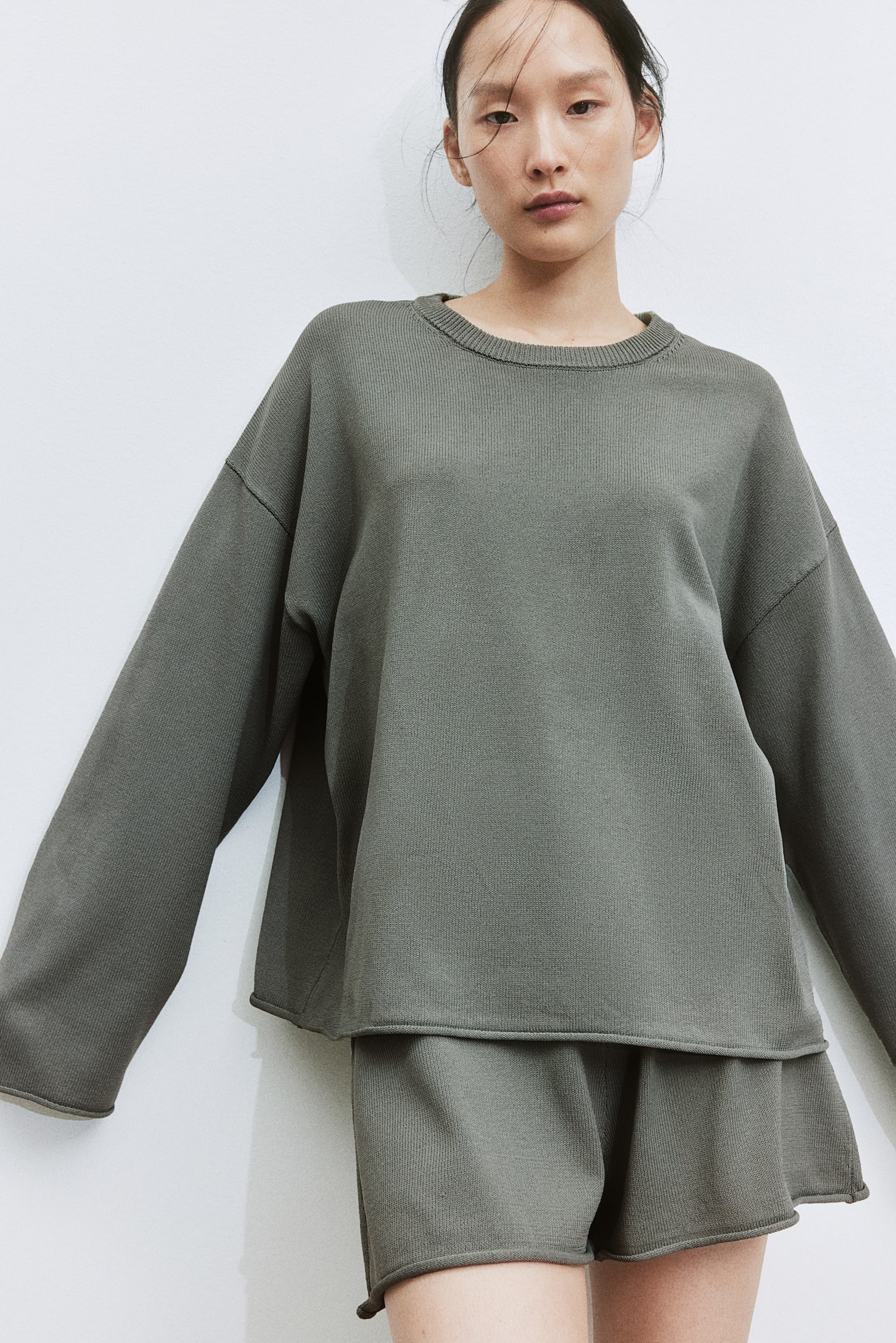 Roll Edge Sweater - Khaki green/Light beige/Black - 5