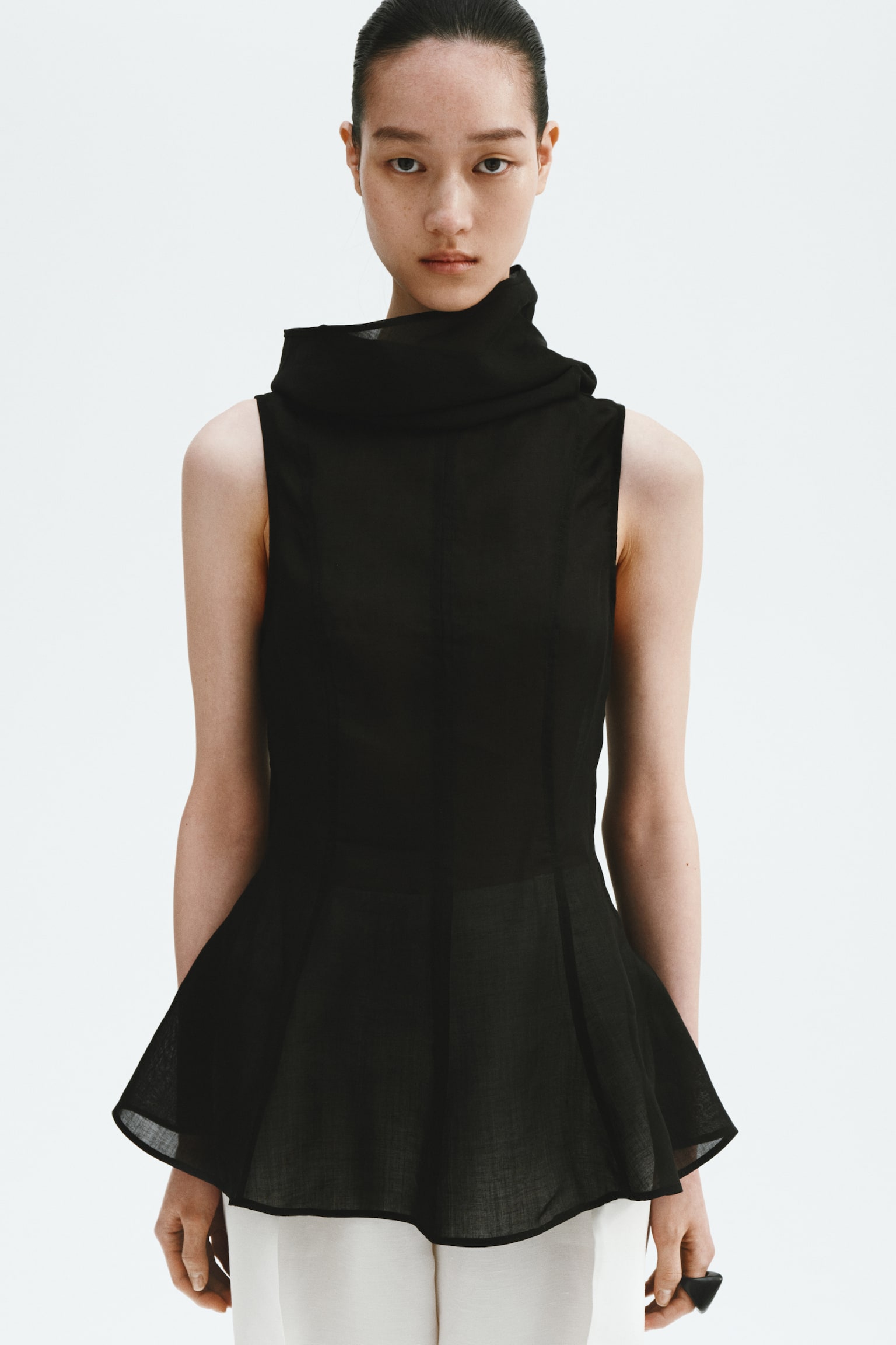 Ramie-blend peplum top - שחור - 7