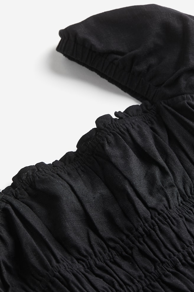 Robe en lin mélangée avec taille smockée - Noir/Crème/fleuri - 3