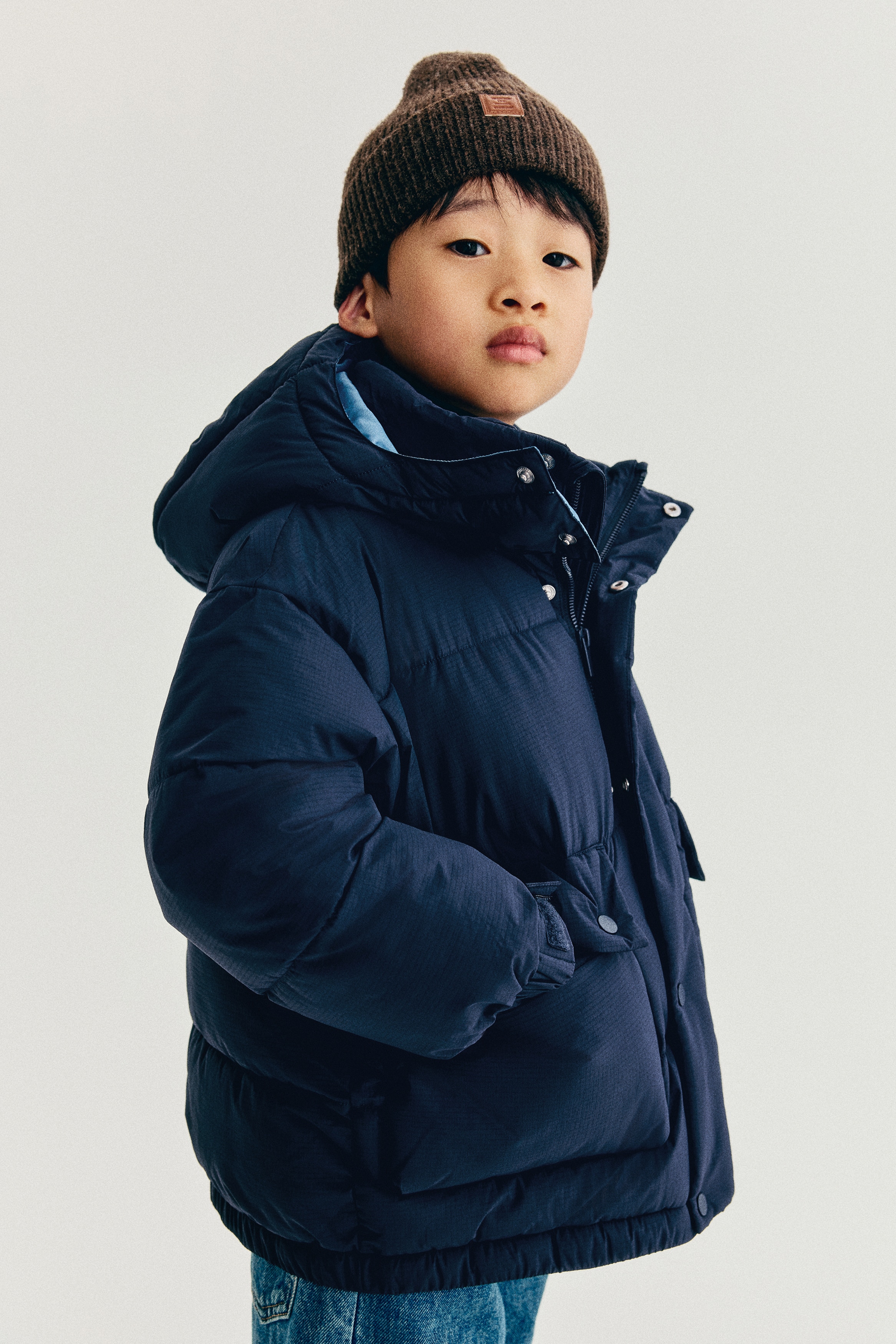 Hooded puffer jacket - Dark blue/Light grey