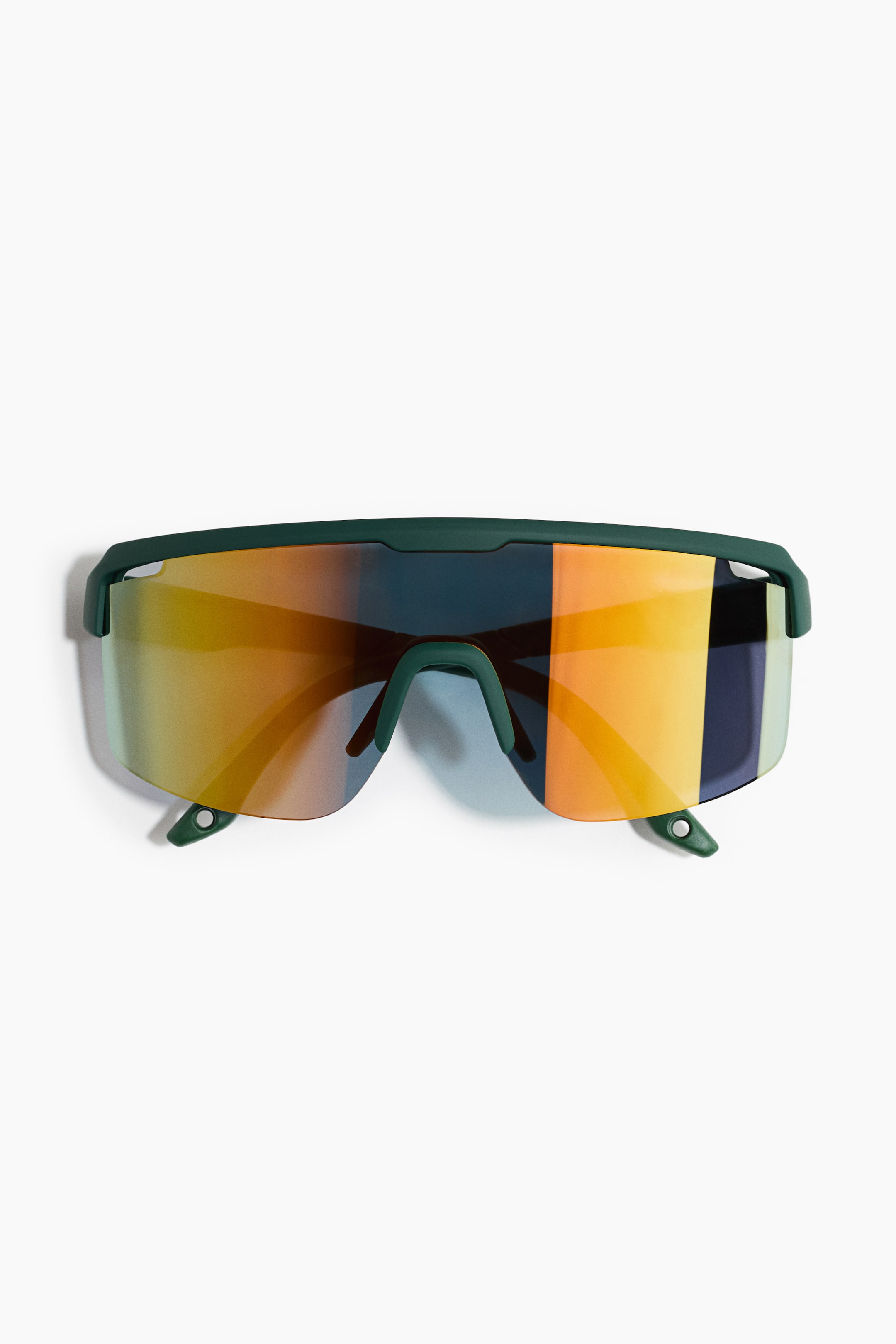 View larger image: Sunglasses are presented front, featuring a dark green plastic frame and large, reflective, UV-protective plastic lenses that provide excellent coverage. The dark green rubberised sidepieces display holes at their ends for attaching a strap.