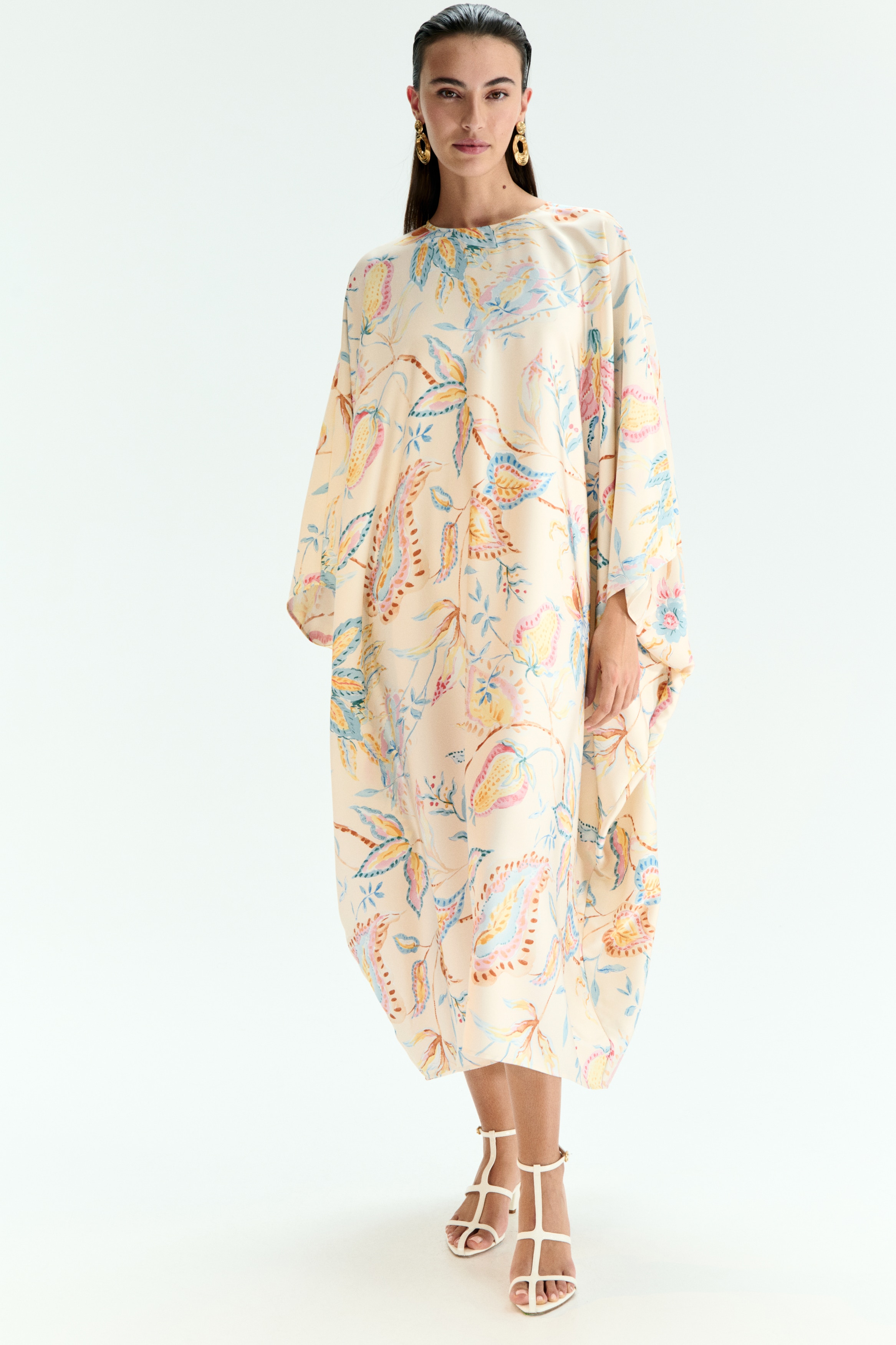 Satenska kaftan haljina - Svetlobež/cvetni dezen/Krem/crna