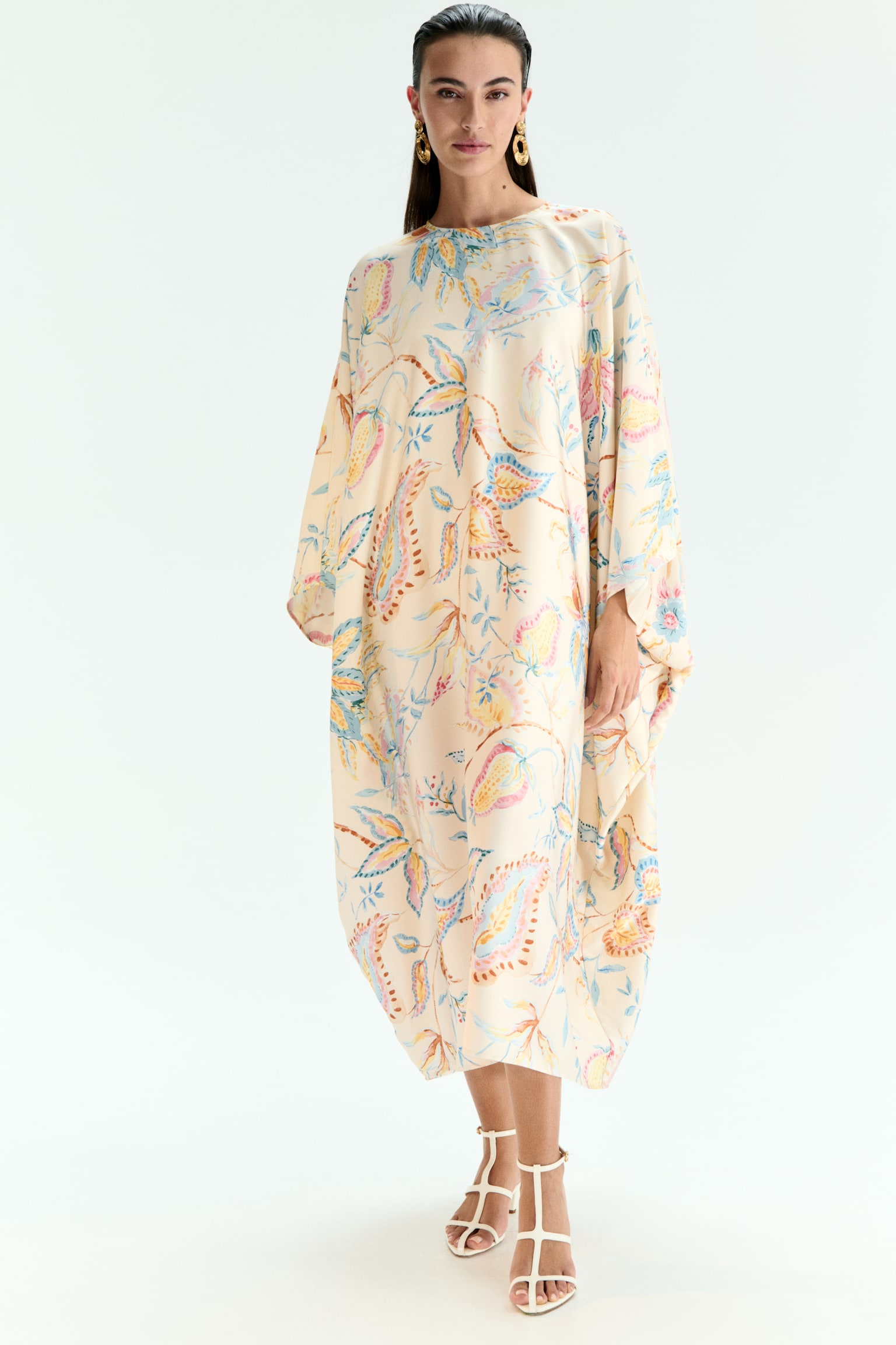 Satin kaftan dress - Light beige/Floral/Cream/Black - 1