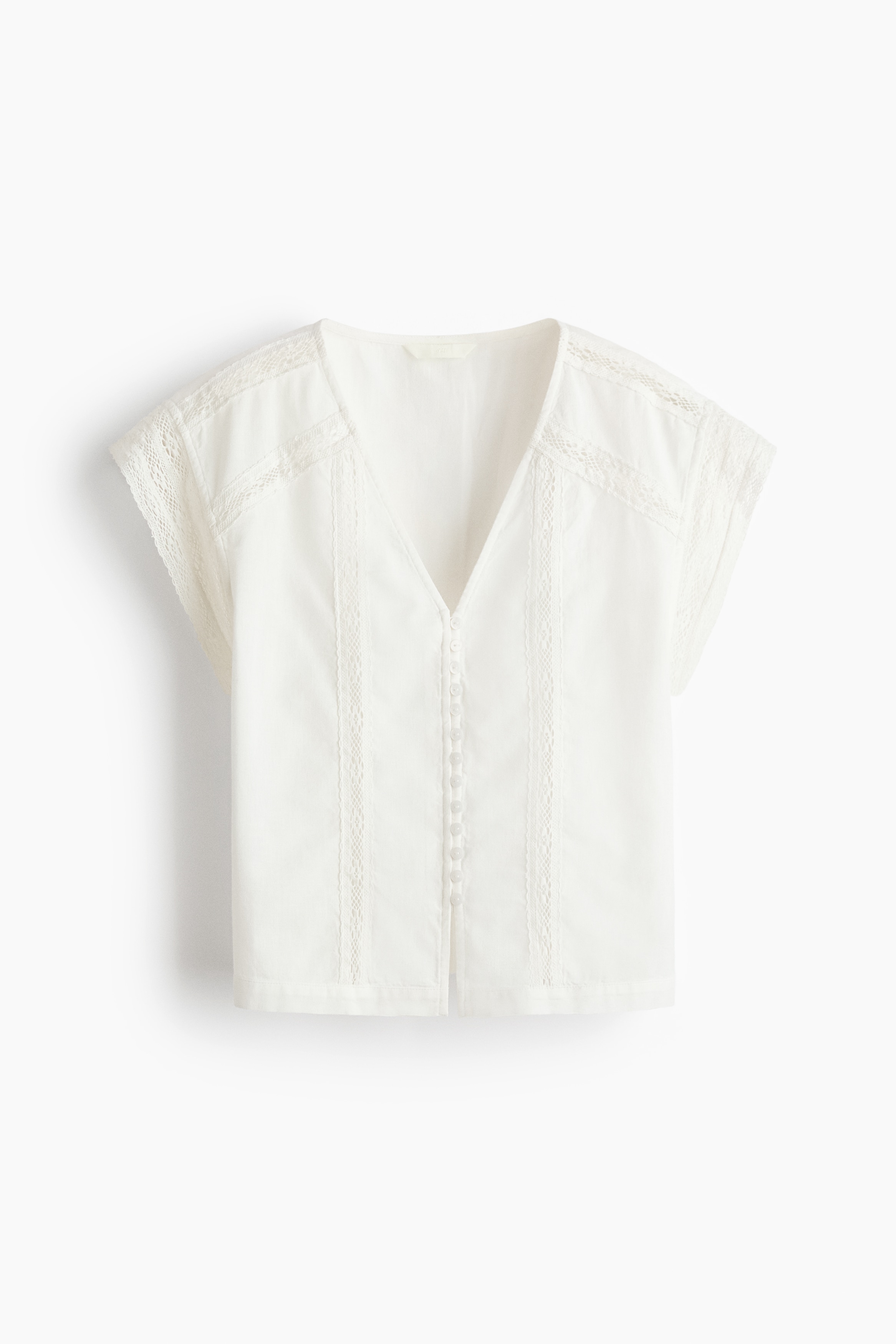 Blusa en mezcla de lino con inserciones de encaje - Blanco