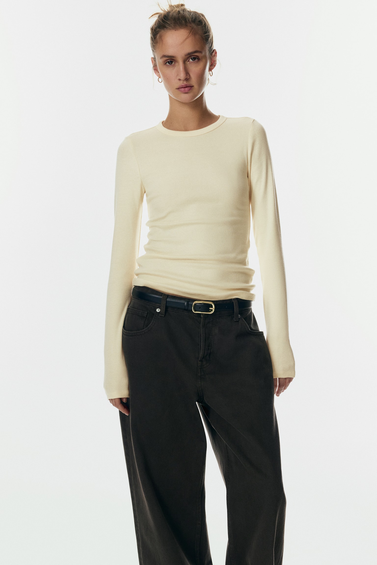 長袖平紋上衣 - 淺黃色/深大地色/深咖啡色/海軍藍/黑色/深咖啡色/白色/白色/淺粉紅色/藍灰色/灰咖啡色 - 3