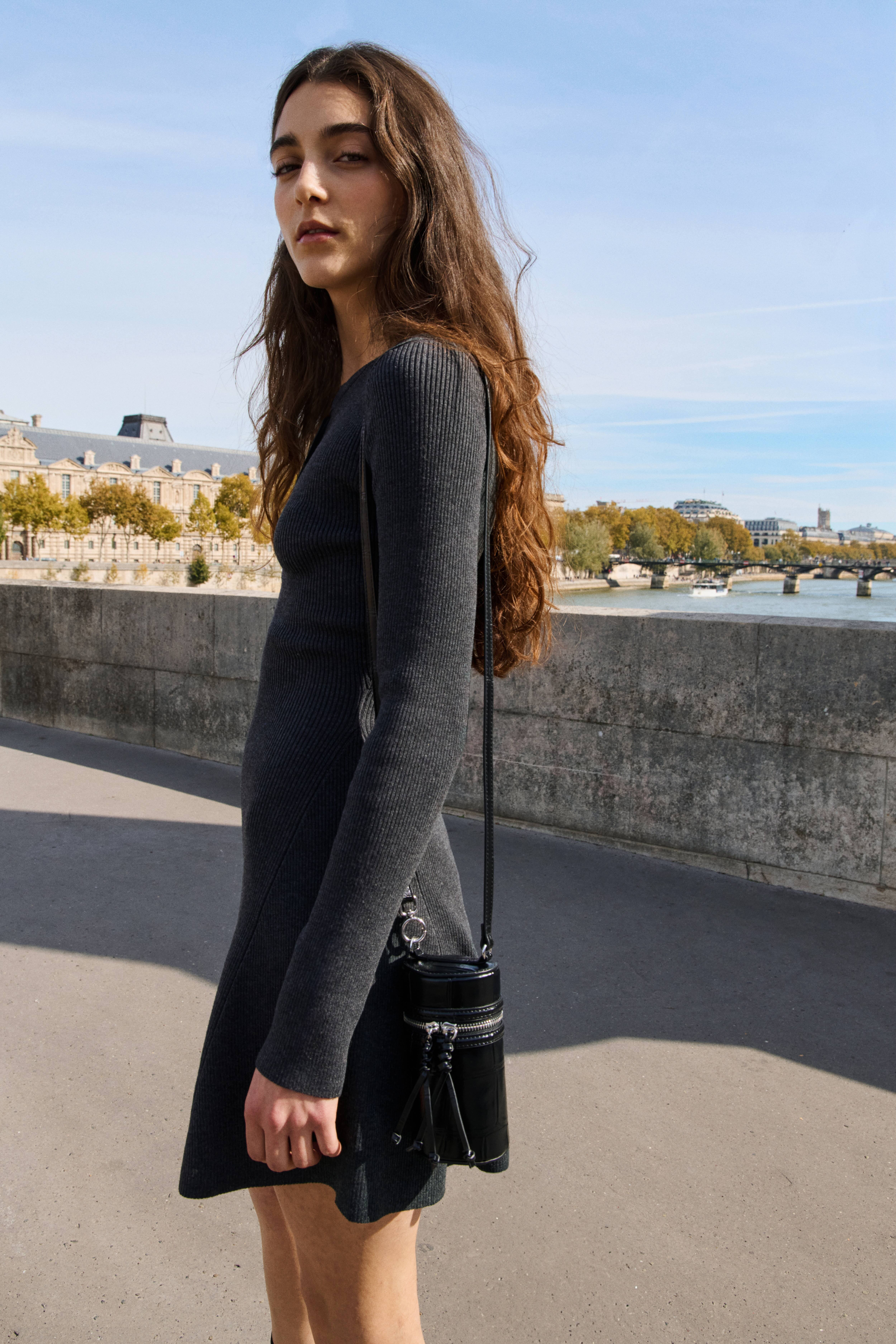 Rib-Knit Dress with Flared Skirt