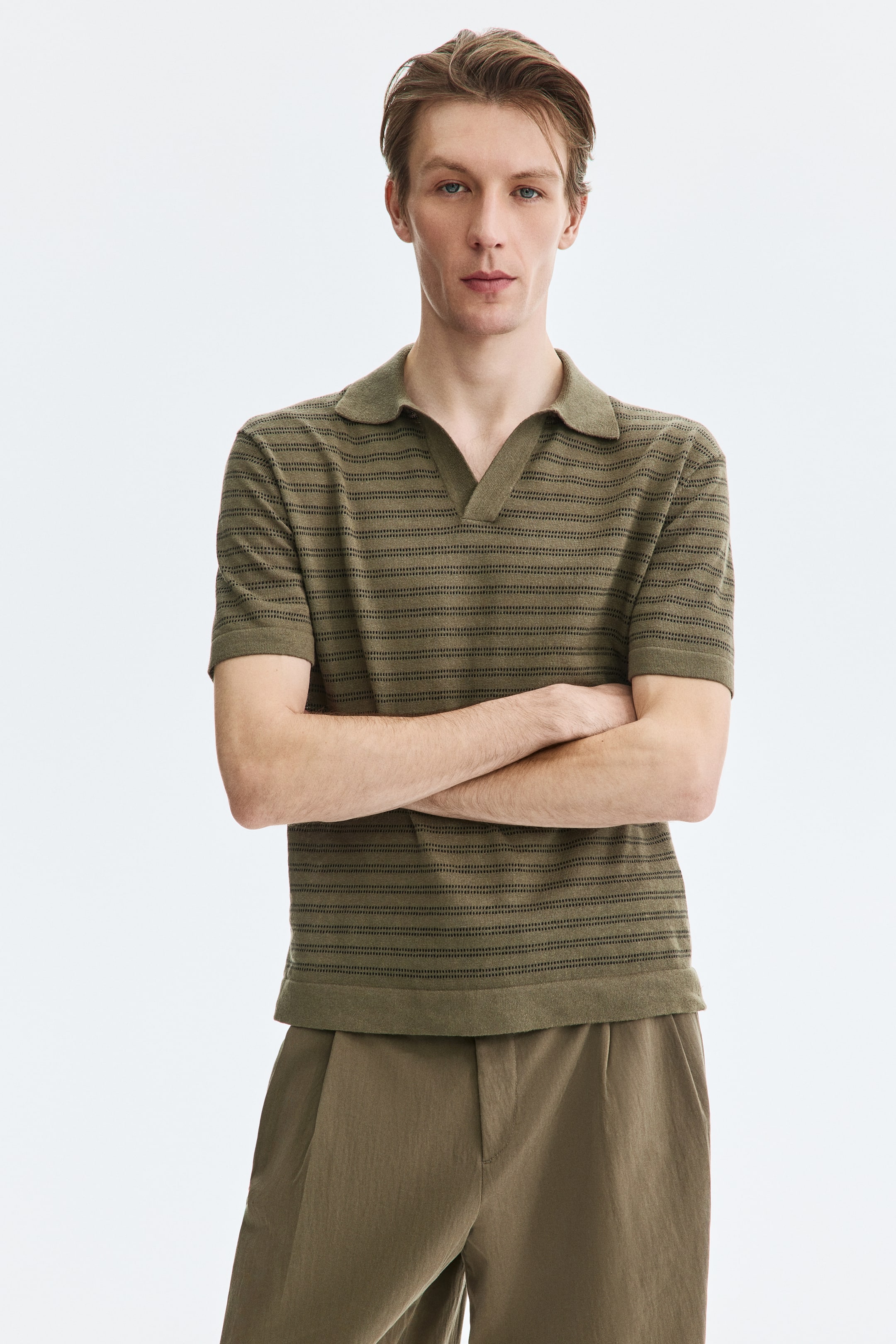 View larger image: Regular Fit Linen-blend polo shirt - Dark khaki green/Striped - Men | H&M 1