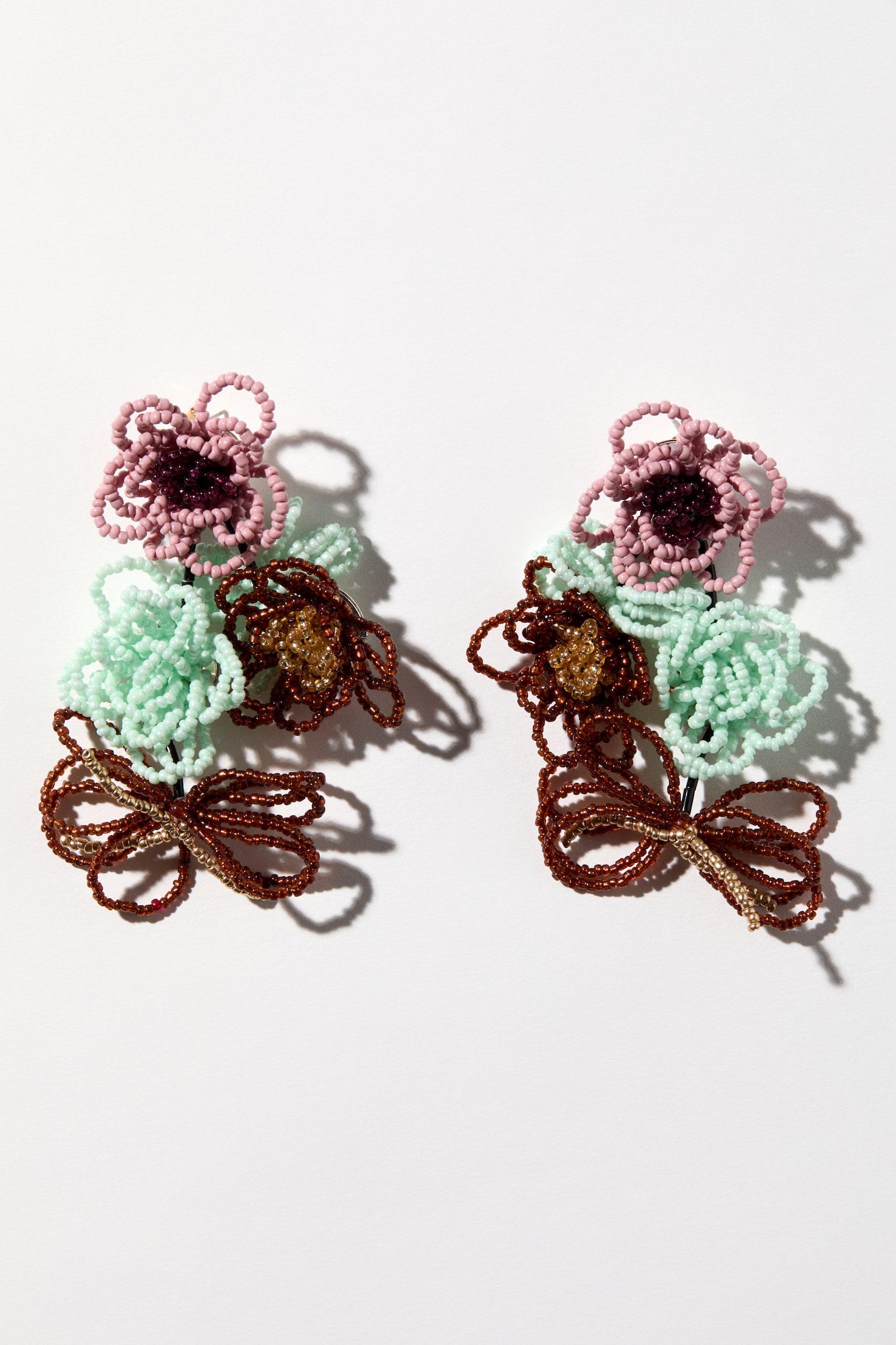 Beaded floral-motif earrings - Brown/Turquoise - 1