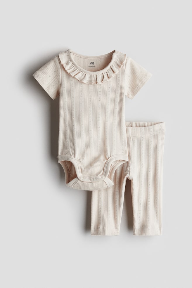 Ensemble 2 pièces en pointelle de coton - Beige clair/Crème/fleuri - 1