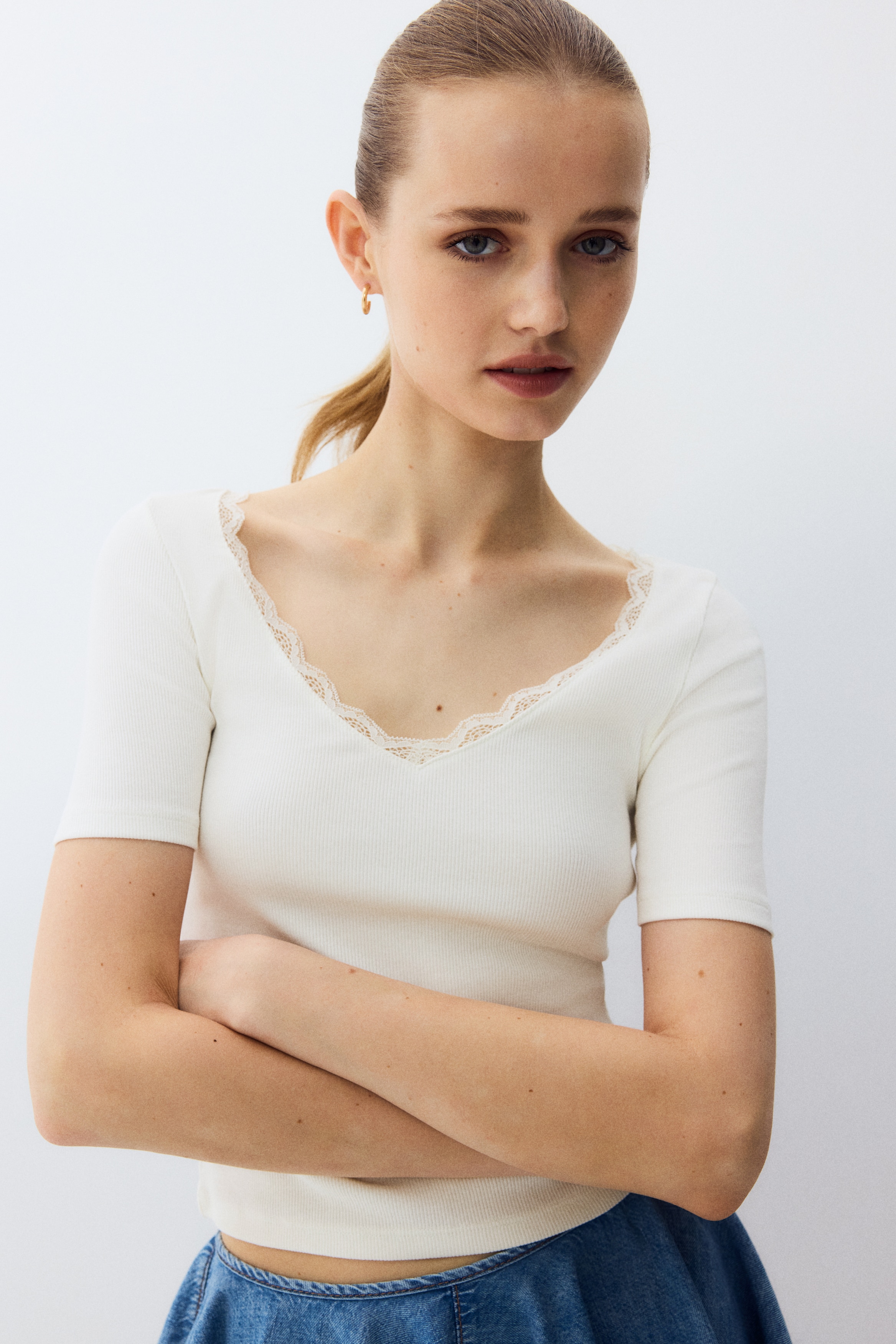 Μπλούζα με πλέξη ριμπ - Λευκό/Μπορντό/Ροζ