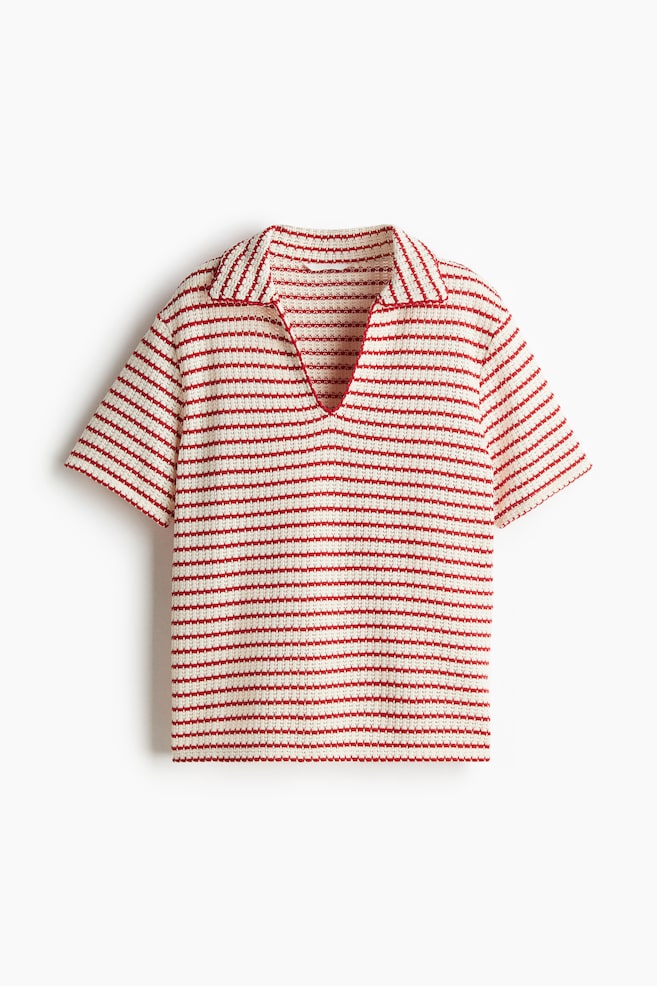 Textured-knit collared top - Cream/Red striped - 1