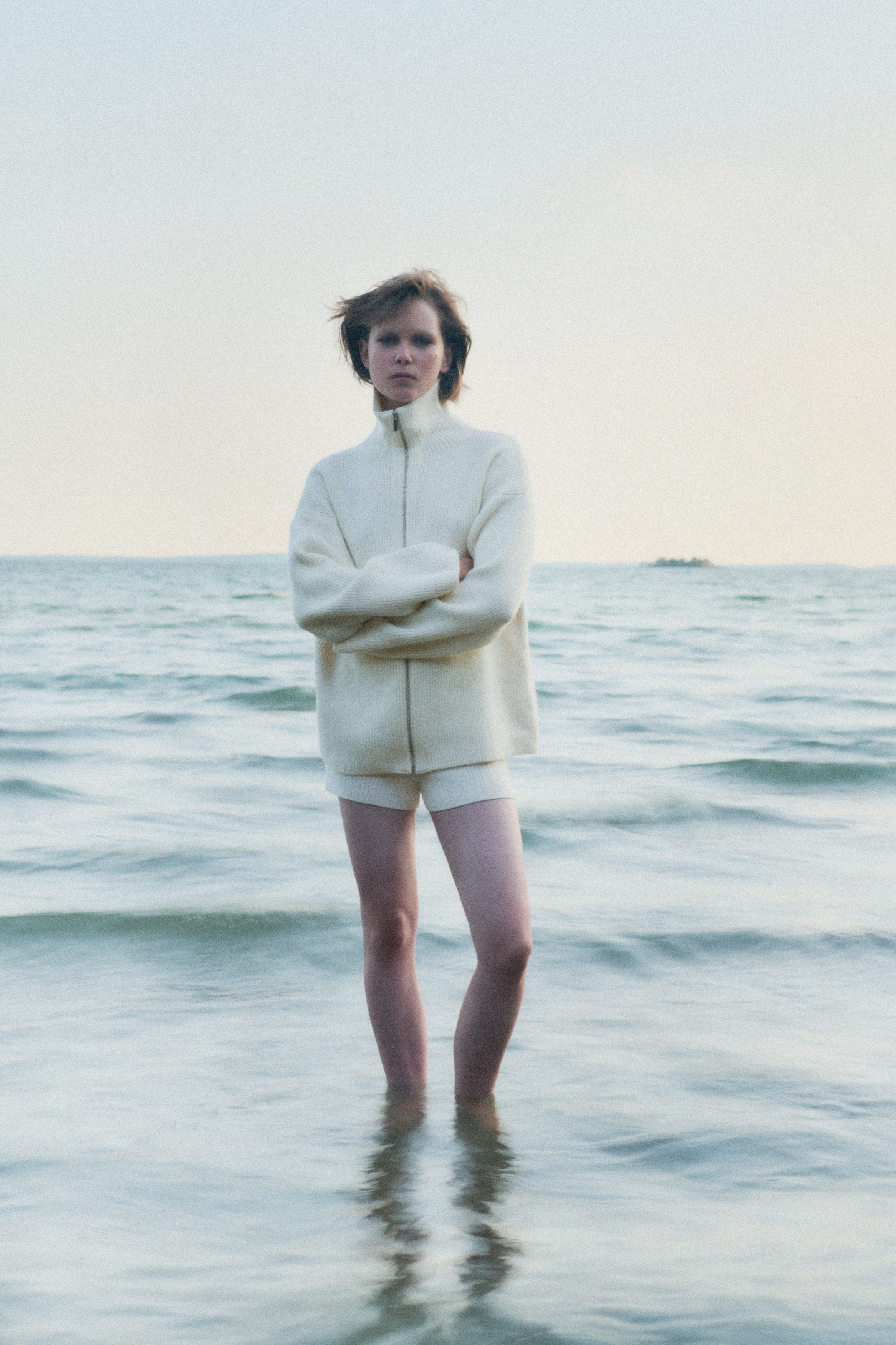 Cardigan with Zipper - Cream/Dark gray melange/Brown/Light yellow