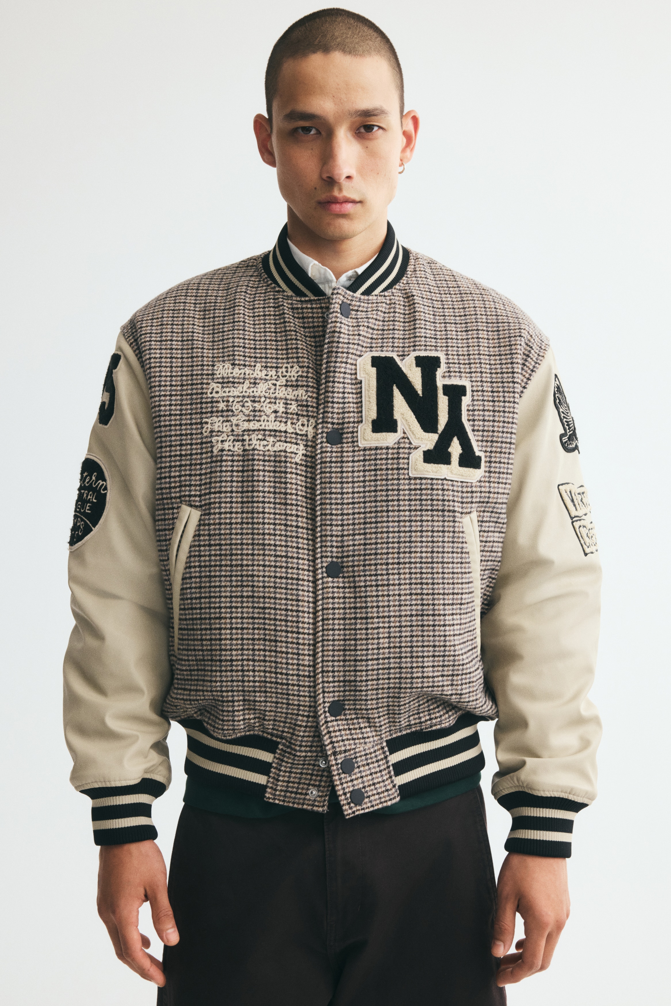 Baseballjacke mit Motiven - Graubraun/Hahnentrittmuster/Marineblau/Willington Central