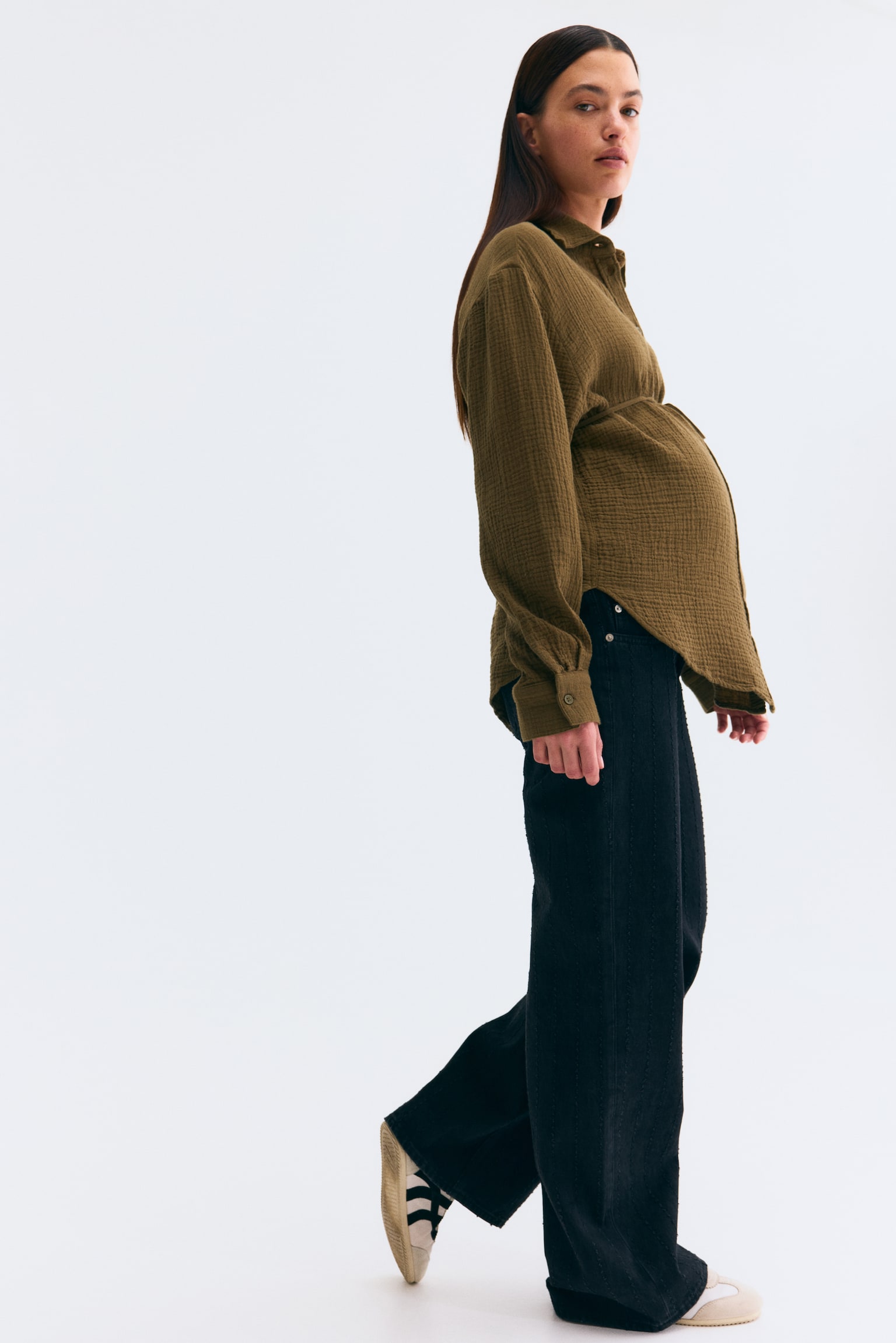 MAMA 產前/產後細棉紗布襯衫 - 深卡其綠/米色/條紋/白色 - 3