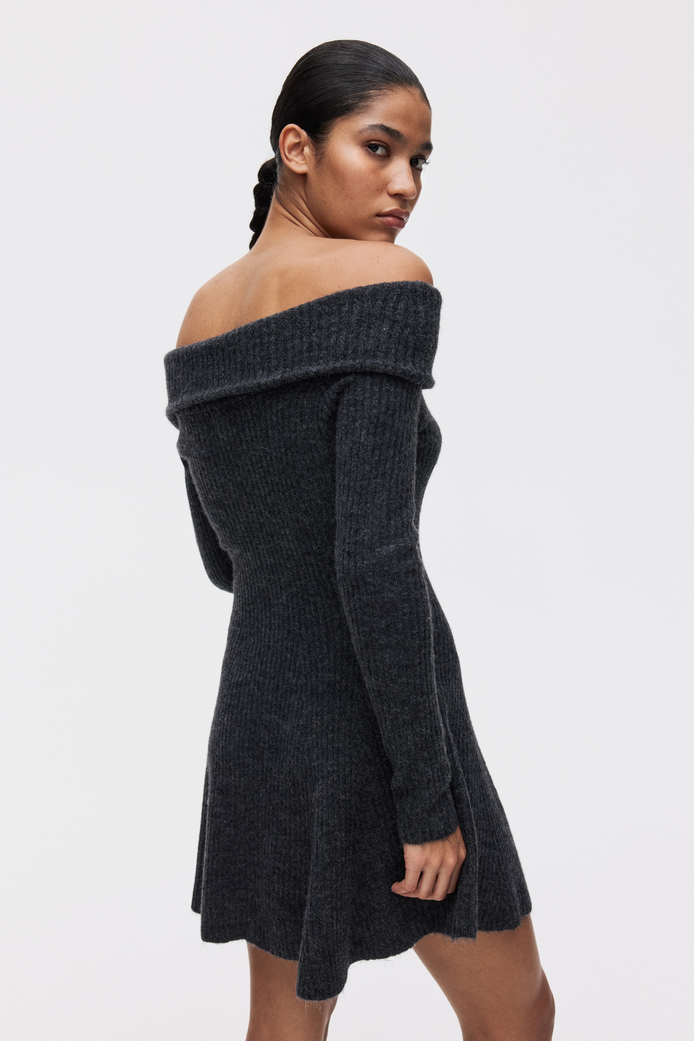 Women's Dark khaki green Rib-Knit Off-the-Shoulder Dress | H&M US