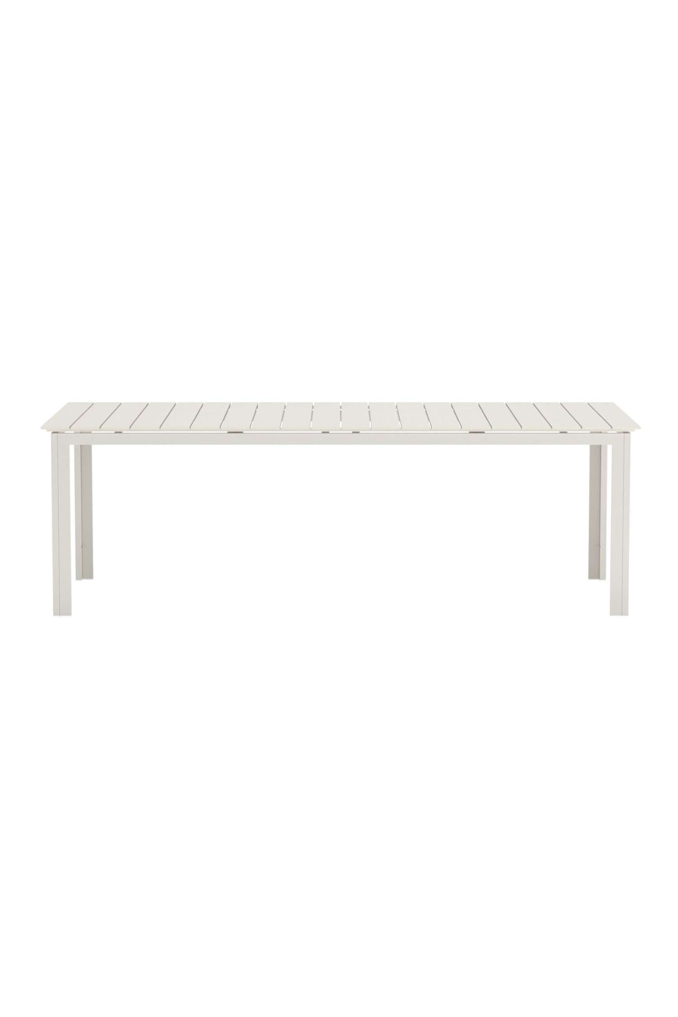 Ver imagen más grande: Una mesa rectangular blanca presenta su tablero de listones y cuatro patas rectas y cuadradas, vista desde un ángulo recto a la altura de los ojos.