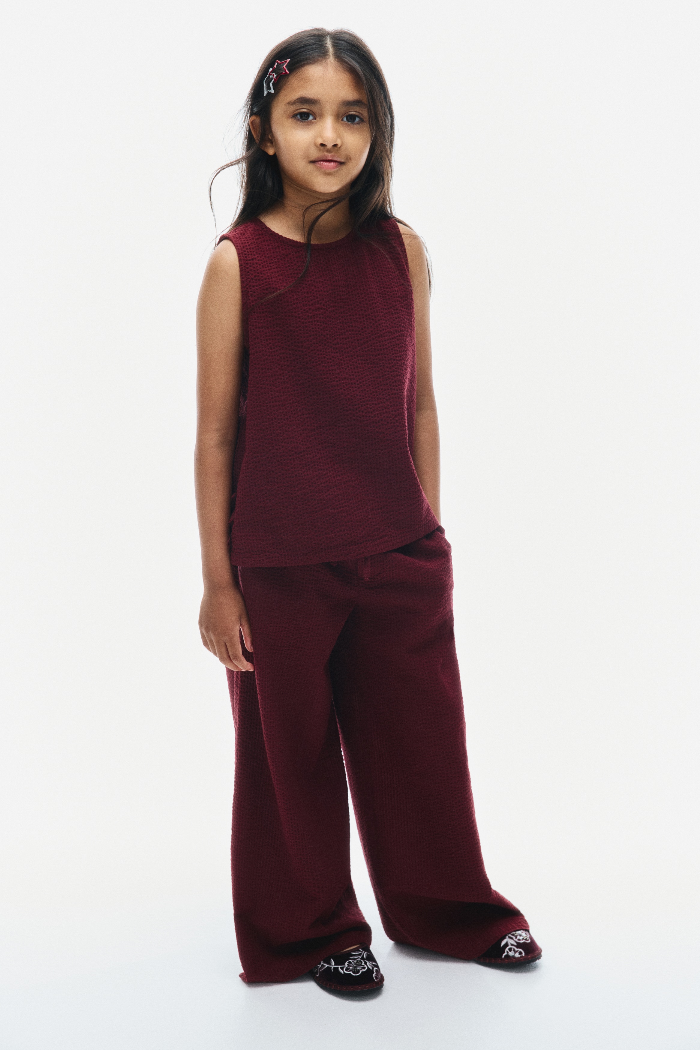 2-piece cotton seersucker set - Dark red/Old rose/Floral/Dark yellow