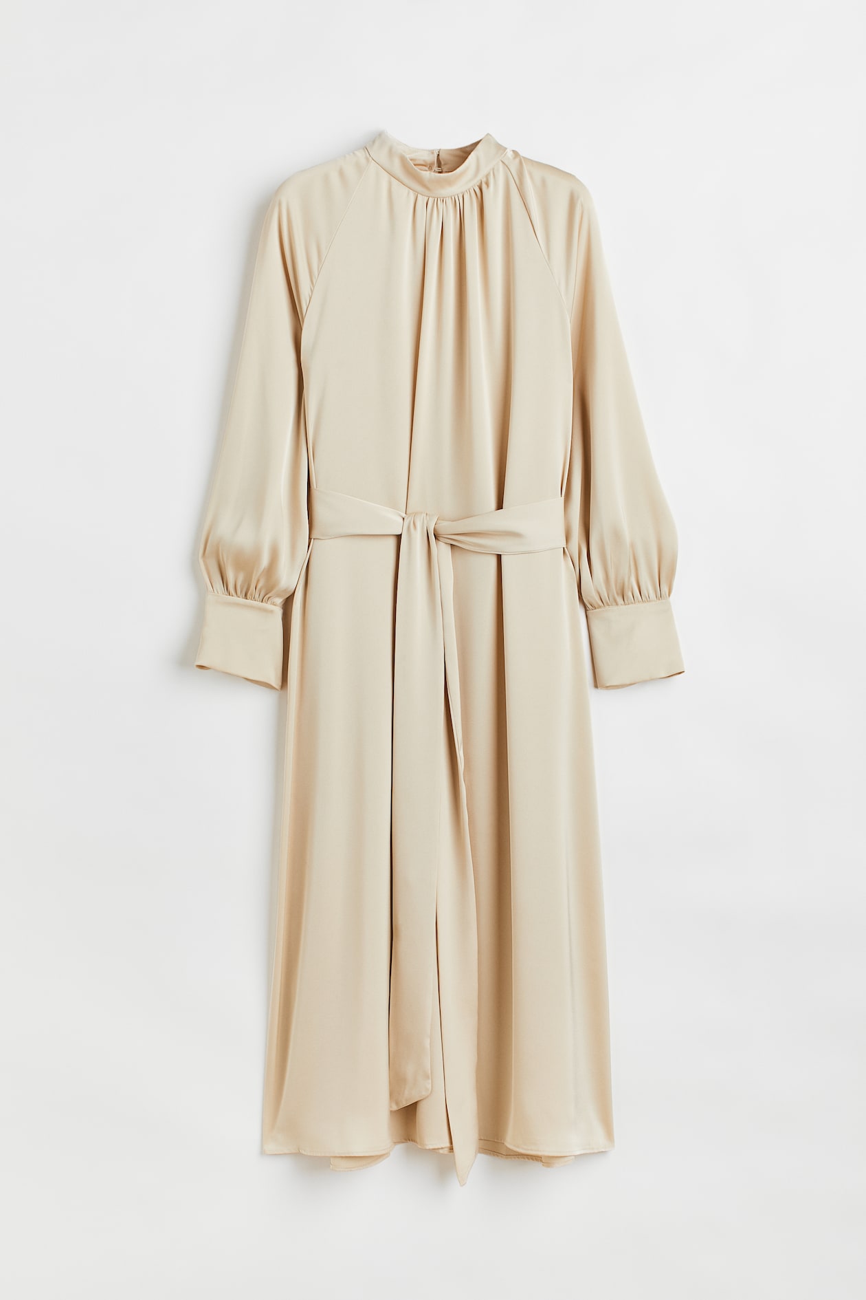 Tie-belt satin dress - Long sleeve - Midi - Light beige - Ladies | H&M GB