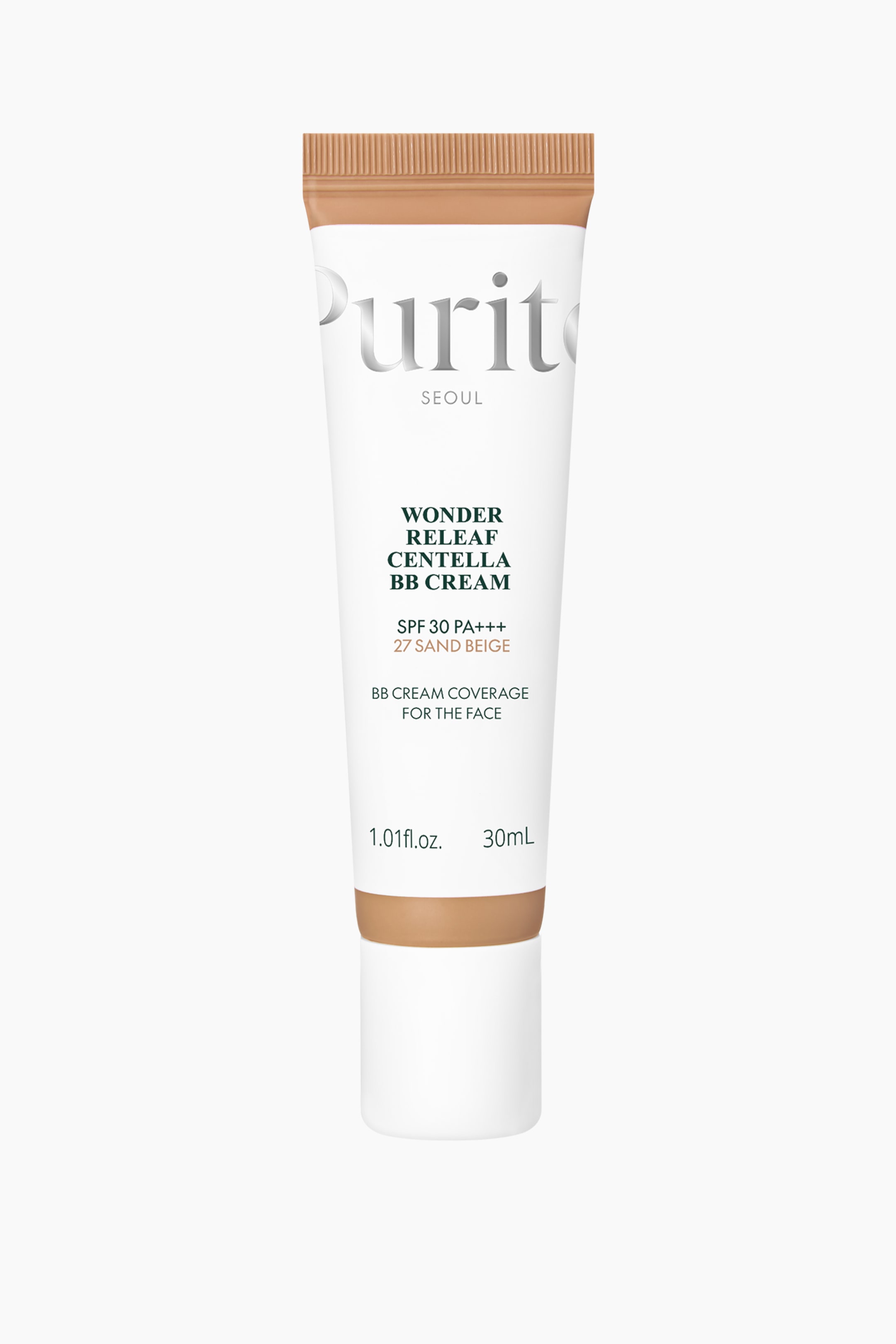 Se større billede: Et hvidt klemmetube af Purito Wonder Releaf Centella BB Cream står oprejst, vendt fremad. Den har en rillet beige hætte og en matchende sandbeige bund, med produktdetaljer trykt i grå, grøn og sort tekst på forsiden.