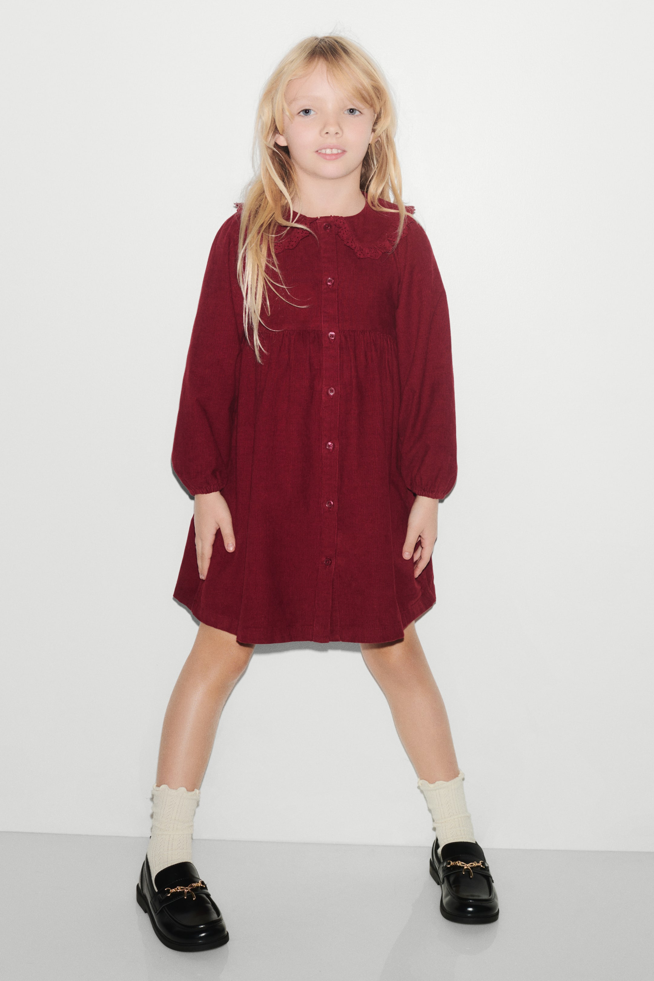 View larger image: Peter Pan-collared corduroy dress - Dark red - Kids | H&M 1