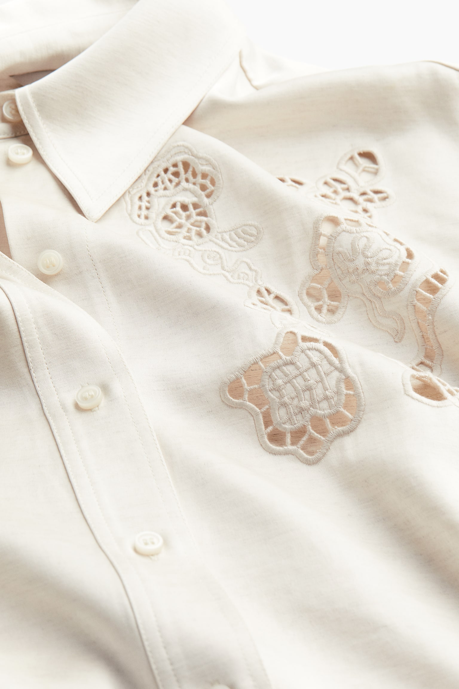 Oversized Embroidered Shirt - Cream - 5