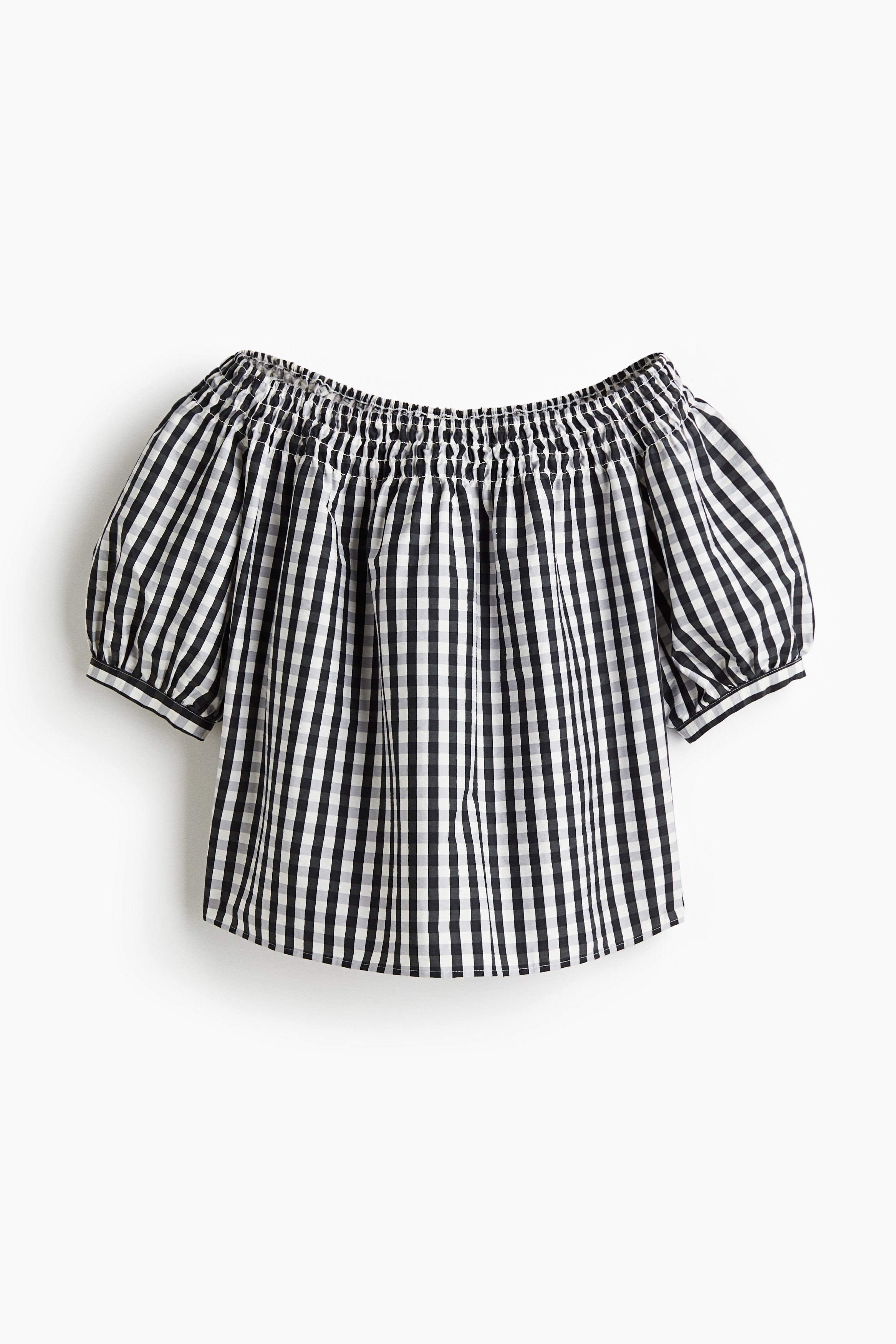 縮褶露肩女衫 - 黑色/方格紋