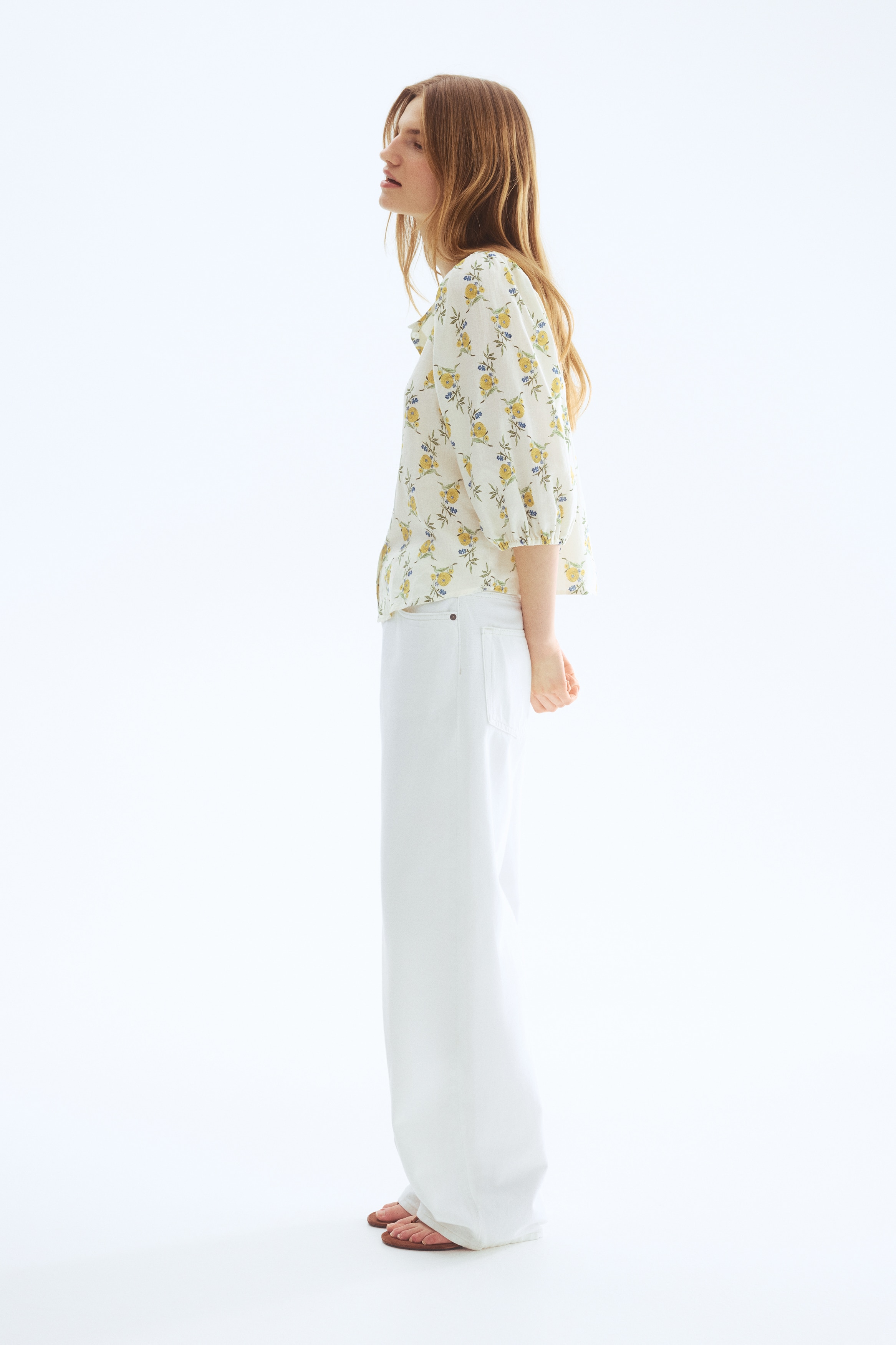 Bluză din amestec de in - Crem/flori galbene/Roz/Roșu