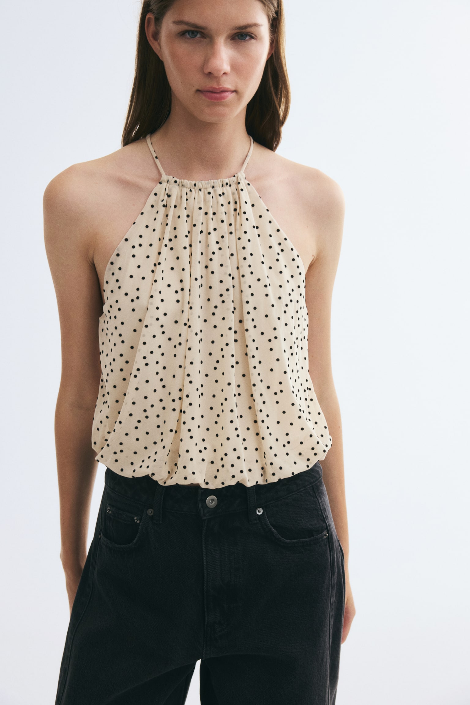 Женский топ H&M Bubble-Hem Mesh Top, цвет: Бежевый / В горошек — фото 3