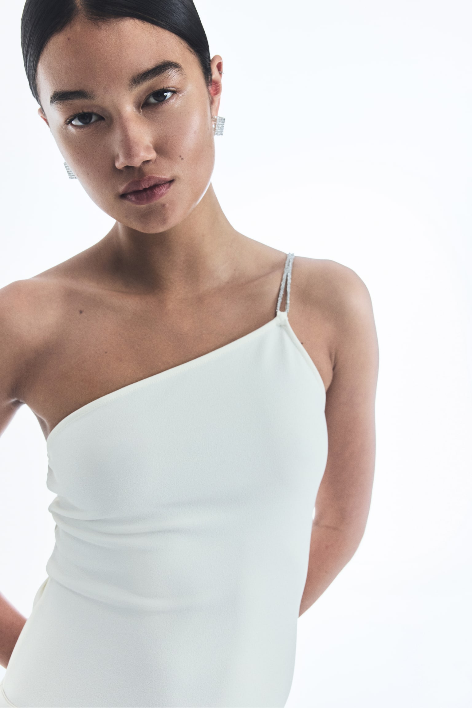 Rhinestone Strap One Shoulder Bodysuit - Cream/Black/Dusty brown - 6