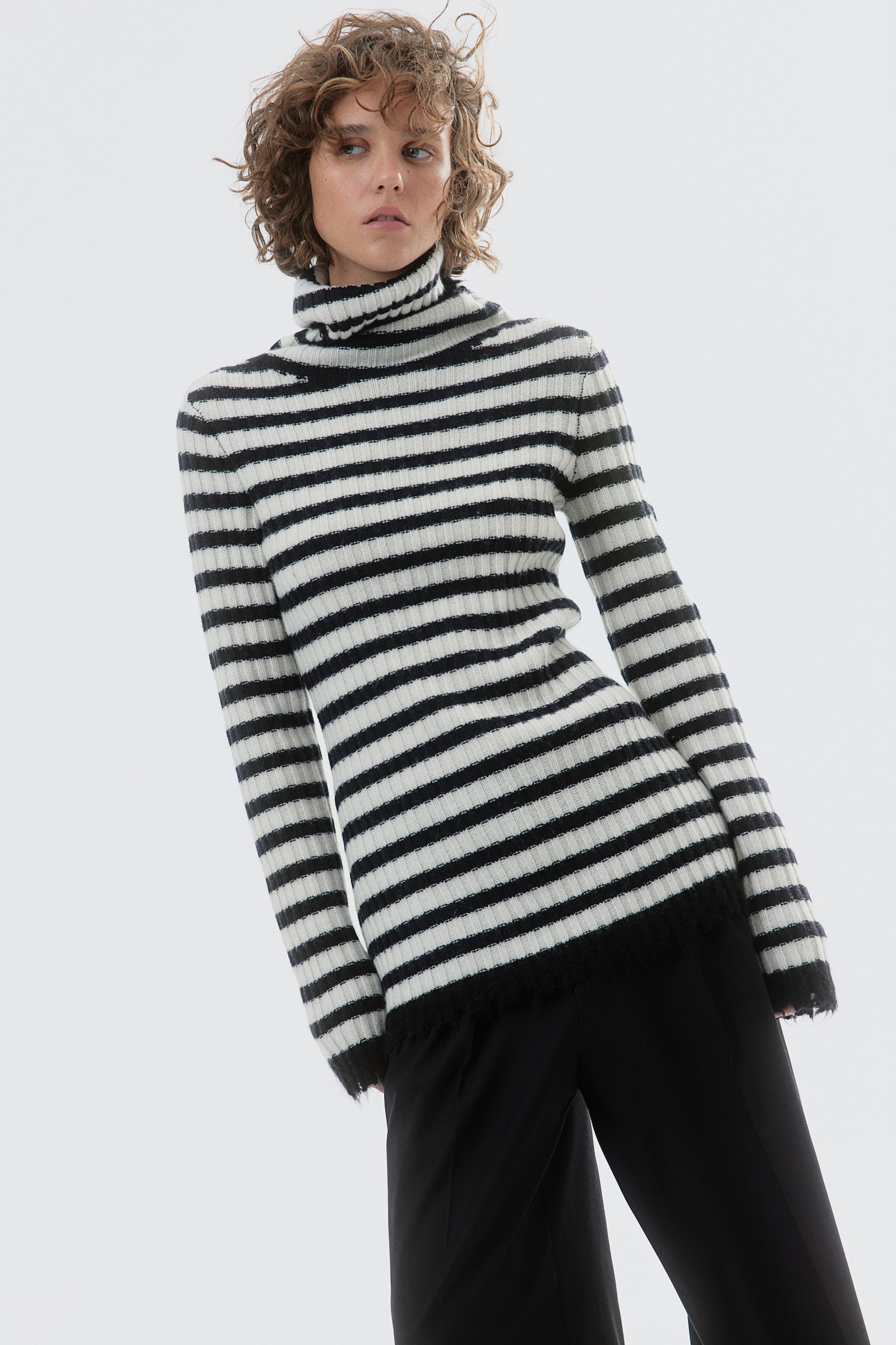 Rib-knit polo-neck wool jumper - White/Black striped - 4