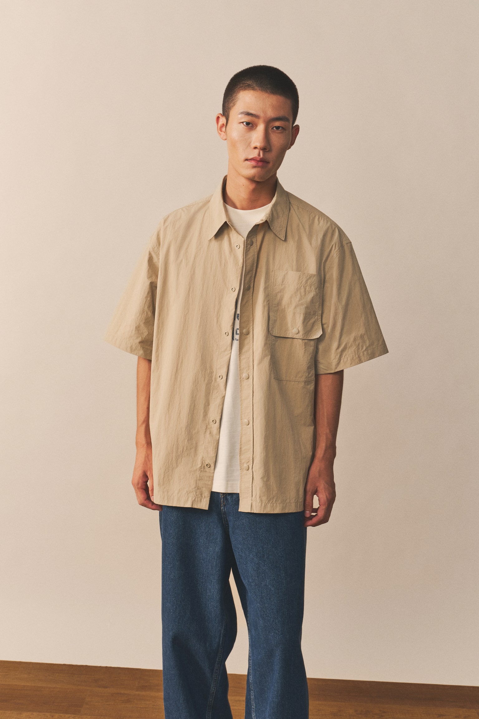 Loose Fit Short-sleeved utility shirt - Beige/Green - 6