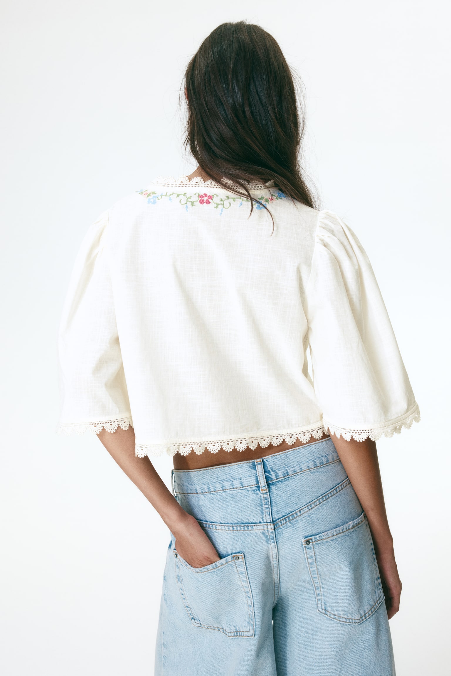 Cropped embroidered blouse - Cream/Floral - 5